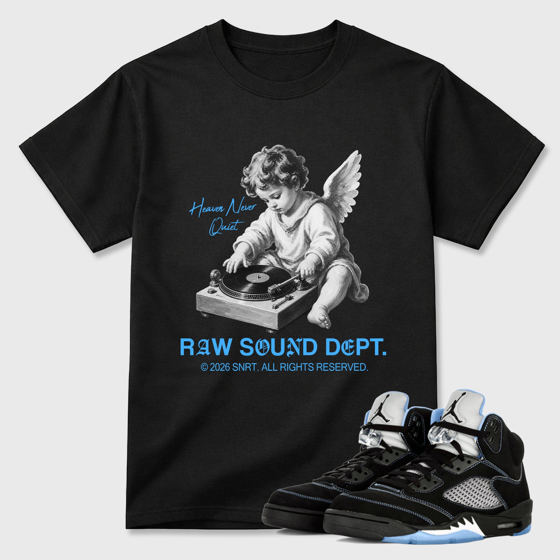 Raw Sound Dept Graphic T-Shirt sneaker match tee designed for the Air Jordan 5 Black Carolina, featuring coordinated color options for a perfect streetwear match. Black 1 shirt.
