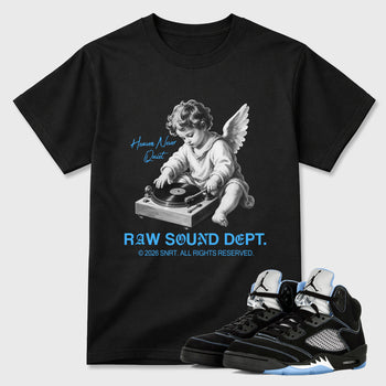 Raw Sound Dept Graphic T-Shirt sneaker match tee designed for the Air Jordan 5 Black Carolina, featuring coordinated color options for a perfect streetwear match. Black 1 shirt.