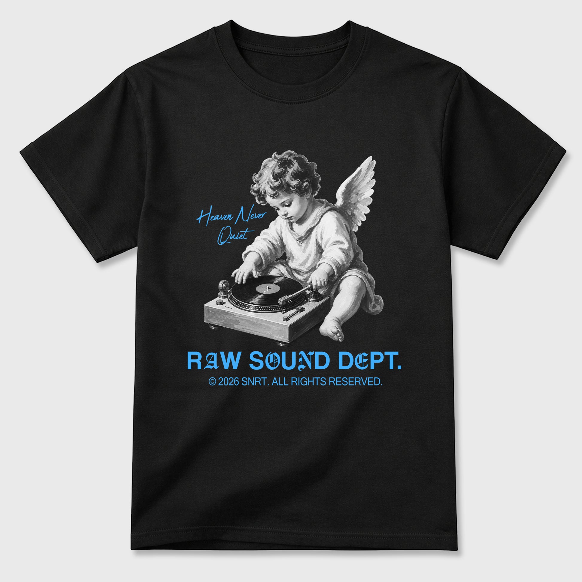 Raw Sound Dept Graphic T-Shirt sneaker match tee designed for the Air Jordan 5 Black Carolina, featuring coordinated color options for a perfect streetwear match. Black 2 shirt.