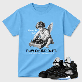 Raw Sound Dept Graphic T-Shirt sneaker match tee designed for the Air Jordan 5 Black Carolina, featuring coordinated color options for a perfect streetwear match. Carolina Blue 1 shirt.