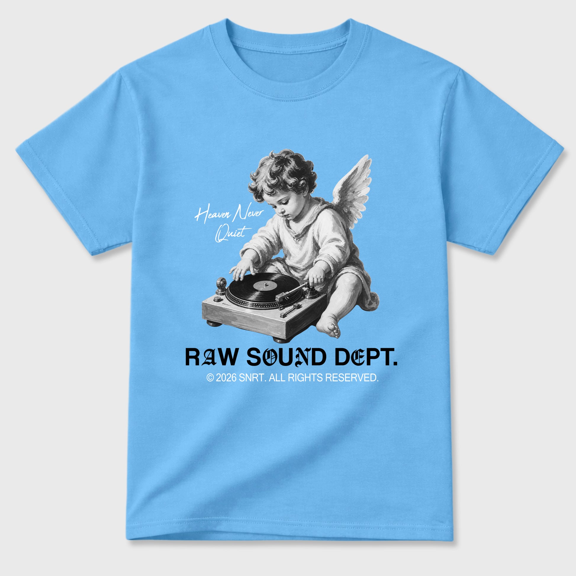 Raw Sound Dept Graphic T-Shirt sneaker match tee designed for the Air Jordan 5 Black Carolina, featuring coordinated color options for a perfect streetwear match. Carolina Blue 2 shirt.