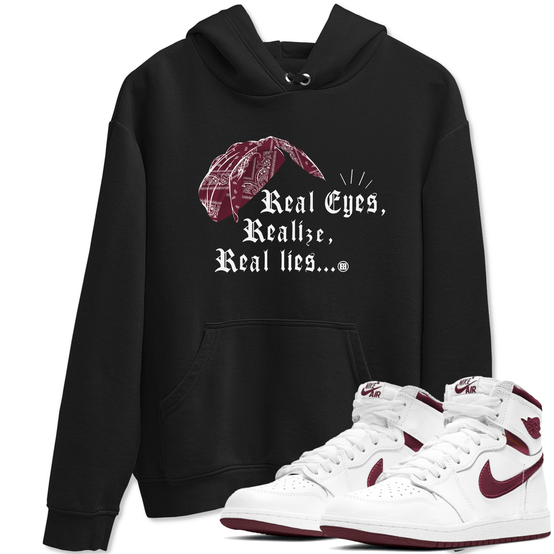 Air Jordan 1 High OG Metallic Burgundy shirts to match jordans Real Eyes Realize Real Lies sneaker match tees Air Jordan 1 Metallic Burgundy SNRT Sneaker Tees streetwear brand Black 1 unisex cotton tee