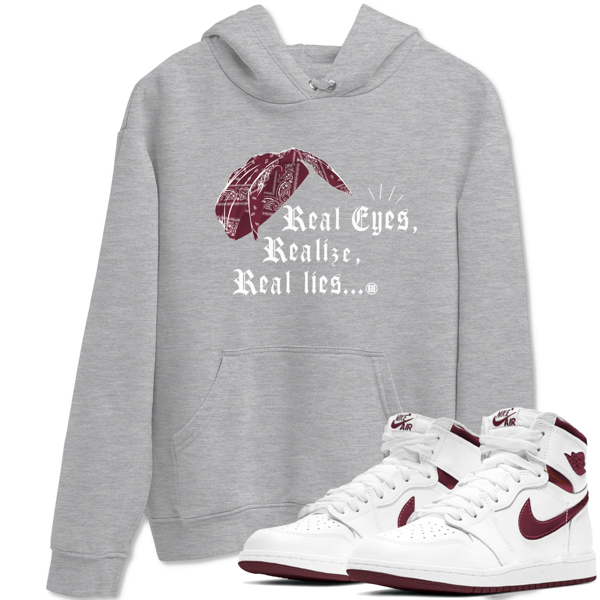 Air Jordan 1 High OG Metallic Burgundy shirts to match jordans Real Eyes Realize Real Lies sneaker match tees Air Jordan 1 Metallic Burgundy SNRT Sneaker Tees streetwear brand Heather Grey 1 unisex cotton tee
