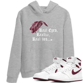 Air Jordan 1 High OG Metallic Burgundy shirts to match jordans Real Eyes Realize Real Lies sneaker match tees Air Jordan 1 Metallic Burgundy SNRT Sneaker Tees streetwear brand Heather Grey 1 unisex cotton tee