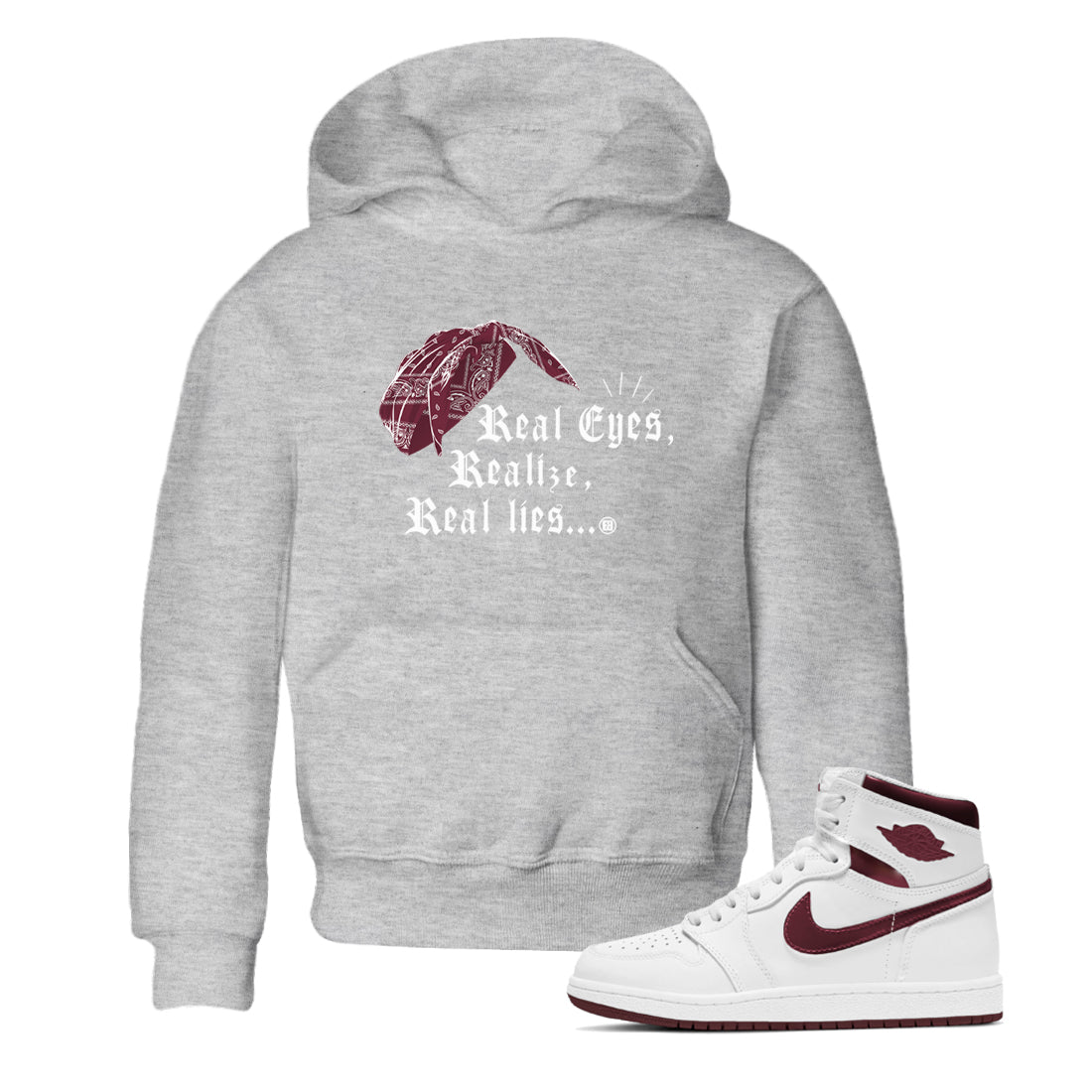 Air Jordan 1 High OG Metallic Burgundy shirts to match jordans Real Eyes Realize Real Lies sneaker match tees Air Jordan 1 Metallic Burgundy SNRT Sneaker Tees streetwear brand Baby and Youth Heather Grey 1 cotton tee