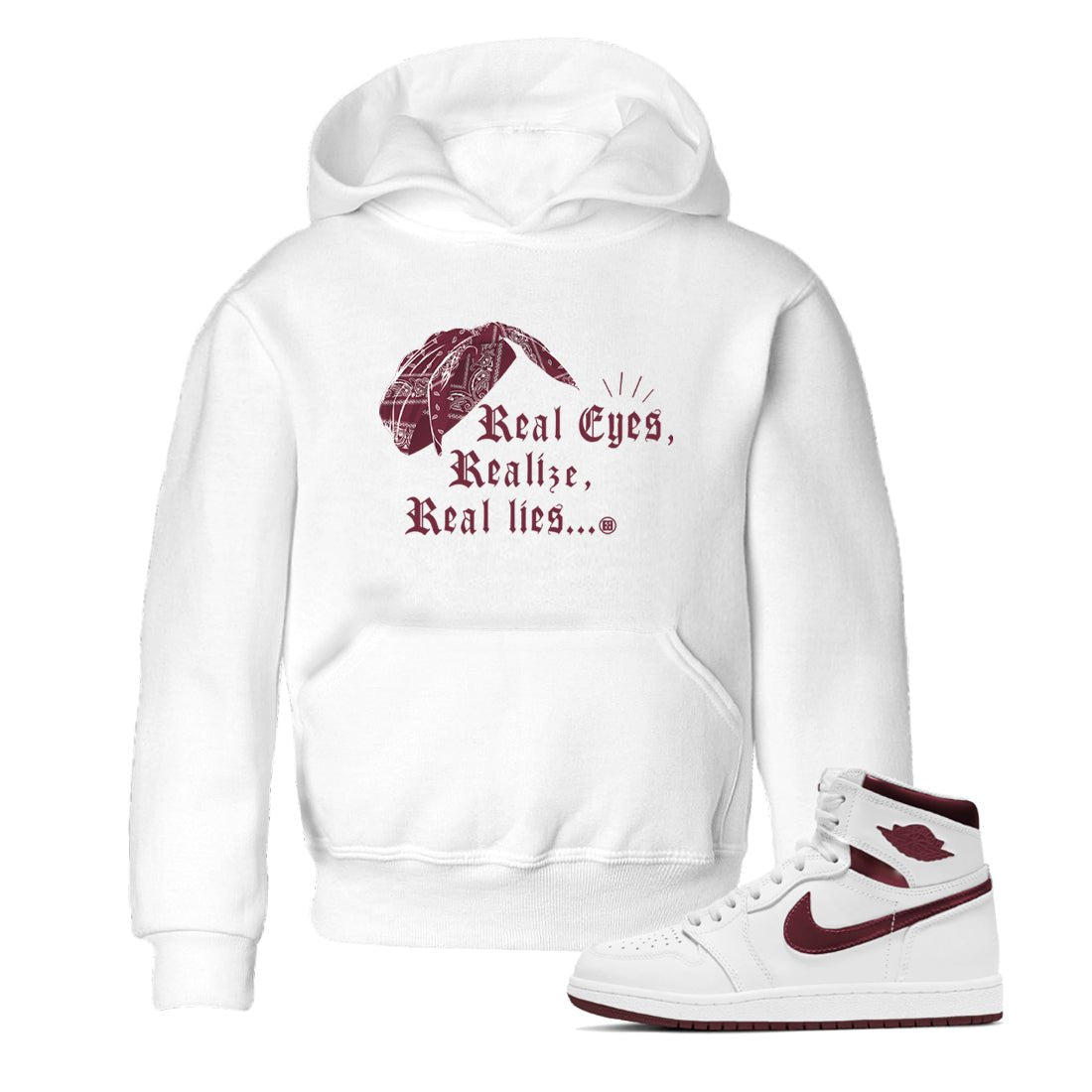 Air Jordan 1 High OG Metallic Burgundy shirts to match jordans Real Eyes Realize Real Lies sneaker match tees Air Jordan 1 Metallic Burgundy SNRT Sneaker Tees streetwear brand Baby and Youth White 1 cotton tee