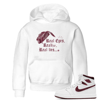 Air Jordan 1 High OG Metallic Burgundy shirts to match jordans Real Eyes Realize Real Lies sneaker match tees Air Jordan 1 Metallic Burgundy SNRT Sneaker Tees streetwear brand Baby and Youth White 1 cotton tee