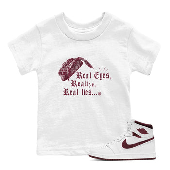 Air Jordan 1 High OG Metallic Burgundy shirts to match jordans Real Eyes Realize Real Lies sneaker match tees Air Jordan 1 Metallic Burgundy SNRT Sneaker Tees streetwear brand Baby and Youth White 1 cotton tee