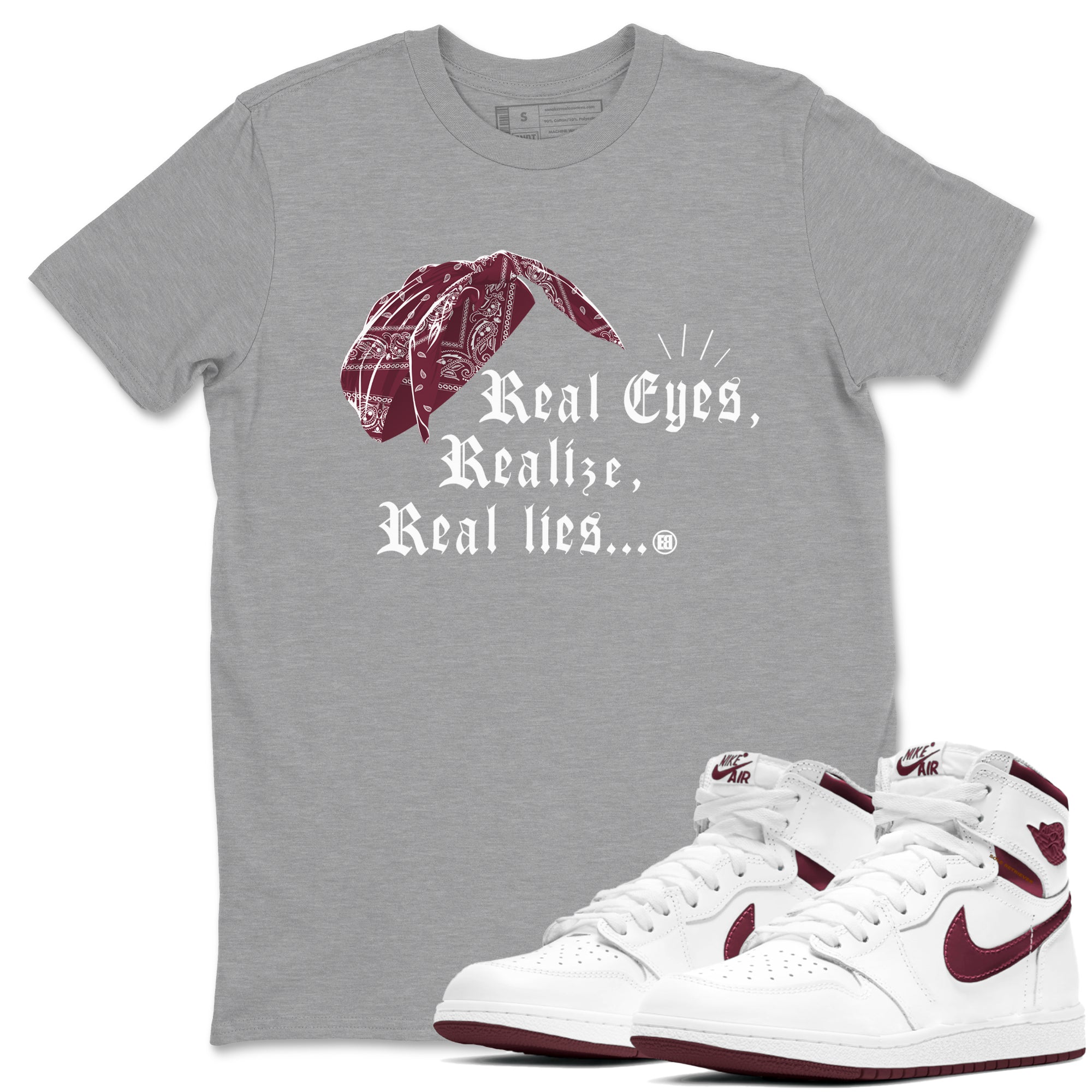 Air Jordan 1 High OG Metallic Burgundy shirts to match jordans Real Eyes Realize Real Lies sneaker match tees Air Jordan 1 Metallic Burgundy SNRT Sneaker Tees streetwear brand Heather Grey 1 unisex cotton tee
