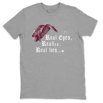 Air Jordan 1 High OG Metallic Burgundy shirts to match jordans Real Eyes Realize Real Lies sneaker match tees Air Jordan 1 Metallic Burgundy SNRT Sneaker Tees streetwear brand Heather Grey 2 unisex cotton tee