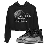 12s Black Wolf Grey shirts to match jordans Real Eyes Realize Real Lies sneaker match tees Air Jordan 12 Barons SNRT Sneaker Release Tees unisex cotton Black 1 Crop Shirts