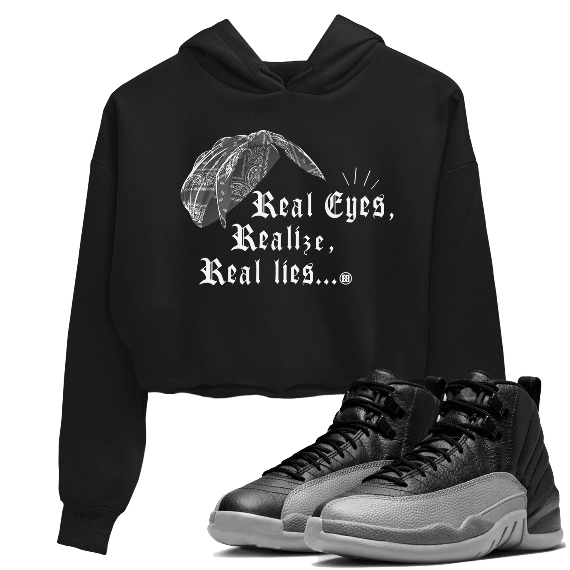 12s Black Wolf Grey shirts to match jordans Real Eyes Realize Real Lies sneaker match tees Air Jordan 12 Barons SNRT Sneaker Release Tees unisex cotton Black 1 Crop Shirts