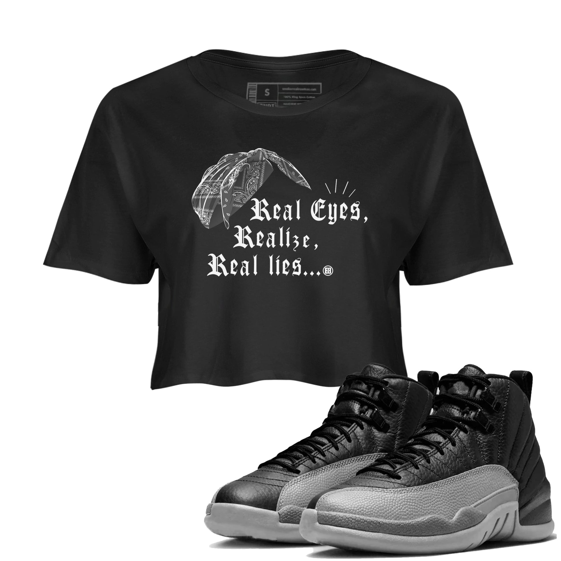 12s Black Wolf Grey shirts to match jordans Real Eyes Realize Real Lies sneaker match tees Air Jordan 12 Barons SNRT Sneaker Release Tees unisex cotton Black 1 Crop Shirts