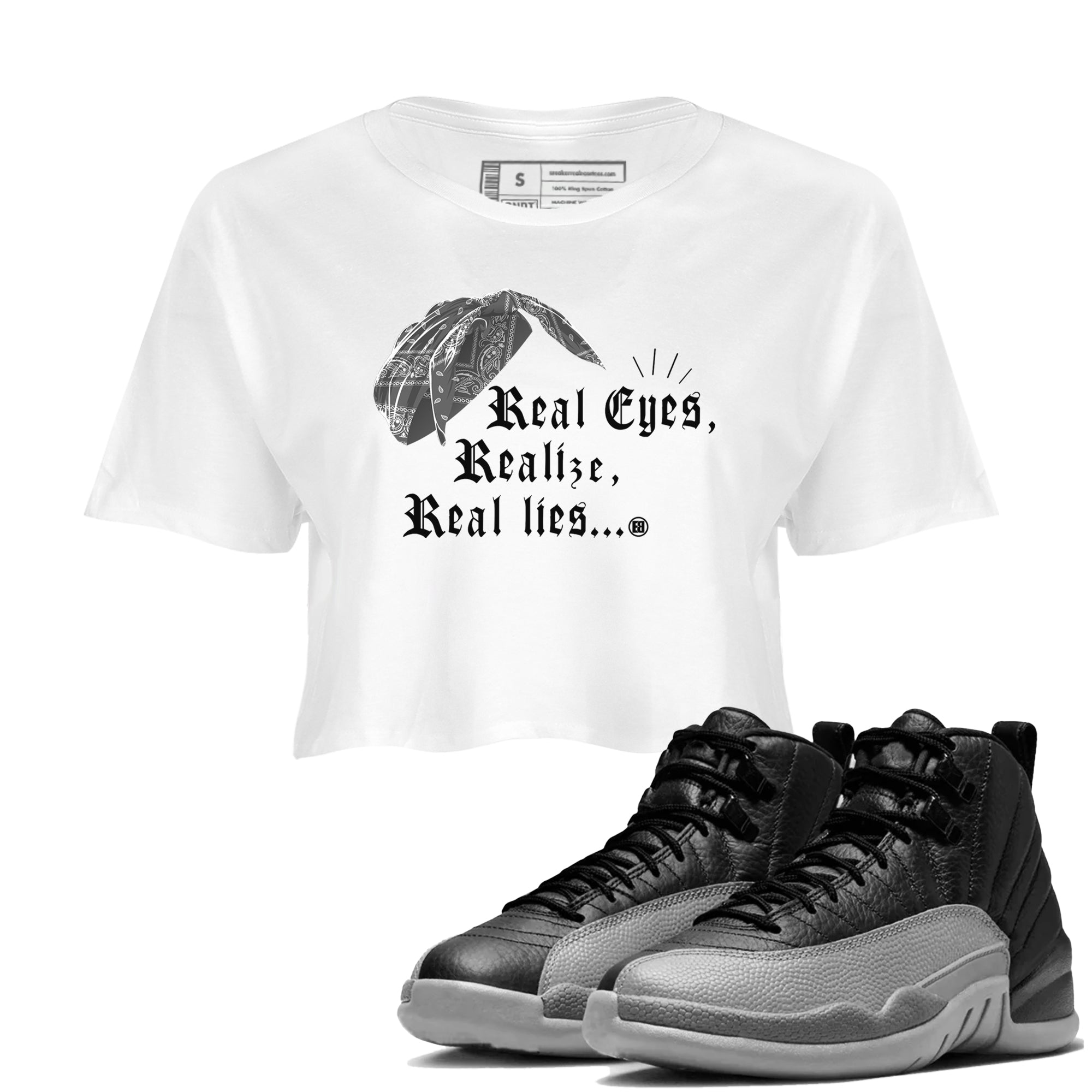 12s Black Wolf Grey shirts to match jordans Real Eyes Realize Real Lies sneaker match tees Air Jordan 12 Barons SNRT Sneaker Release Tees unisex cotton White 1 Crop Shirts