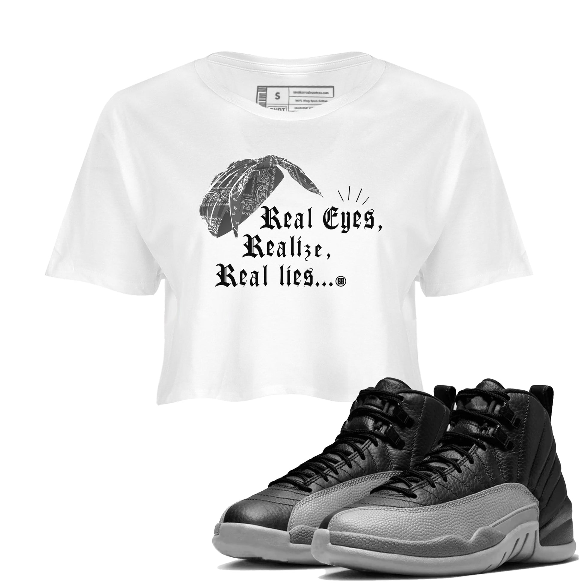 12s Black Wolf Grey shirts to match jordans Real Eyes Realize Real Lies sneaker match tees Air Jordan 12 Barons SNRT Sneaker Release Tees unisex cotton White 1 Crop Shirts