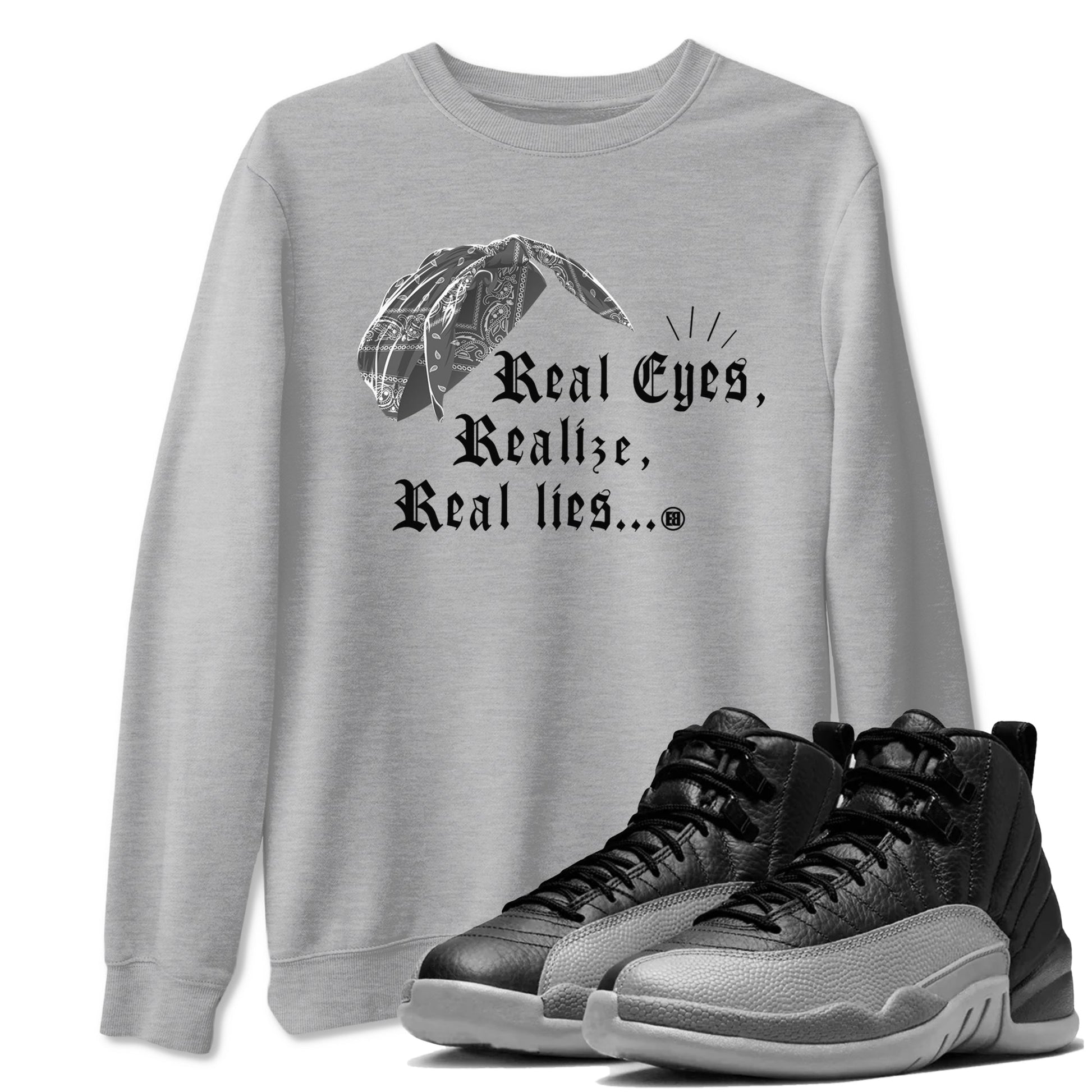 12s Black Wolf Grey shirts to match jordans Real Eyes Realize Real Lies sneaker match tees Air Jordan 12 Barons SNRT Sneaker Release Tees unisex cotton Heather Grey 1 crew neck shirts
