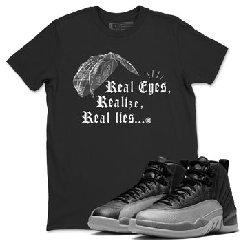 12s Black Wolf Grey shirts to match jordans Real Eyes Realize Real Lies sneaker match tees Air Jordan 12 Barons SNRT Sneaker Release Tees unisex cotton Black 1 crew neck shirts