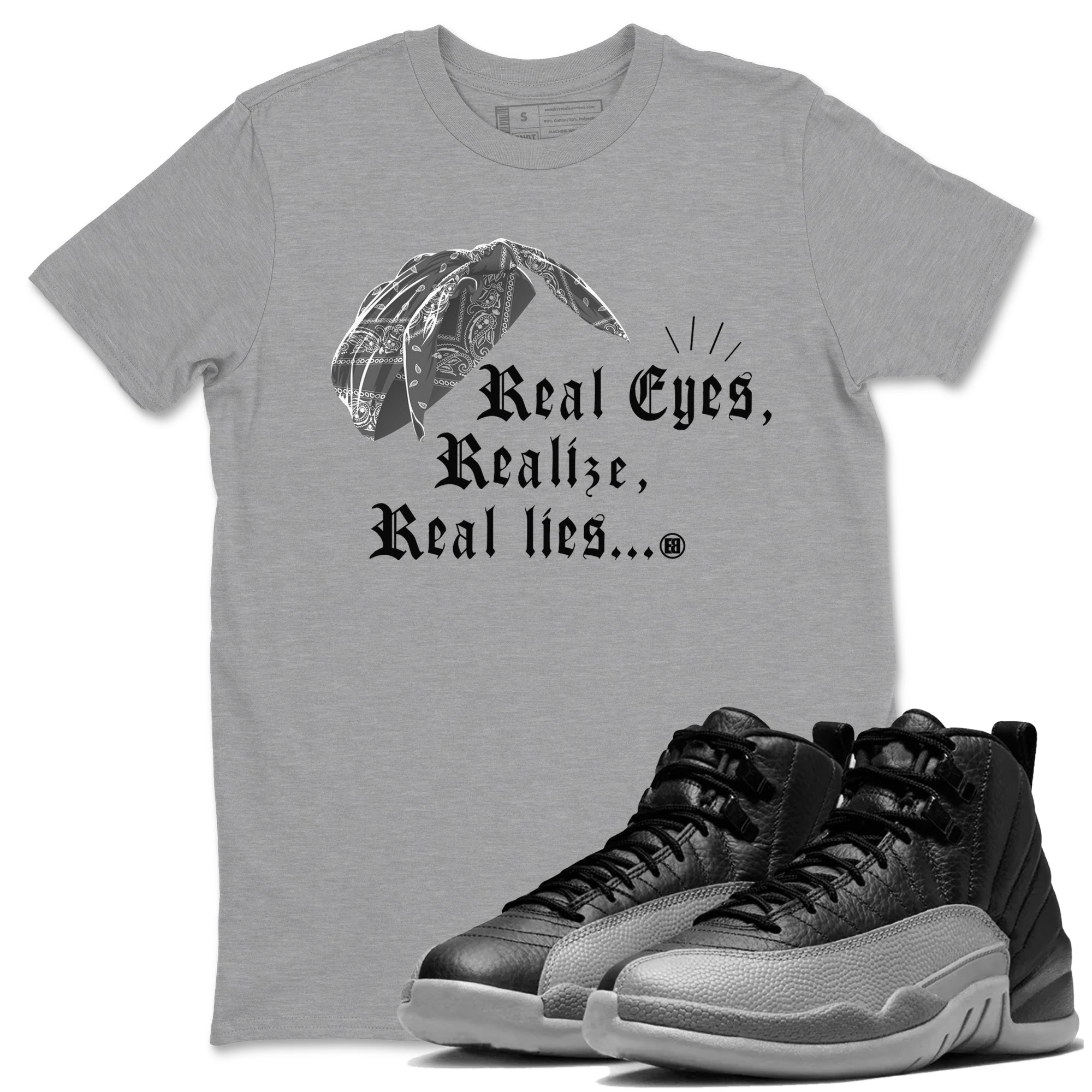12s Black Wolf Grey shirts to match jordans Real Eyes Realize Real Lies sneaker match tees Air Jordan 12 Barons SNRT Sneaker Release Tees unisex cotton Heather Grey 1 crew neck shirts