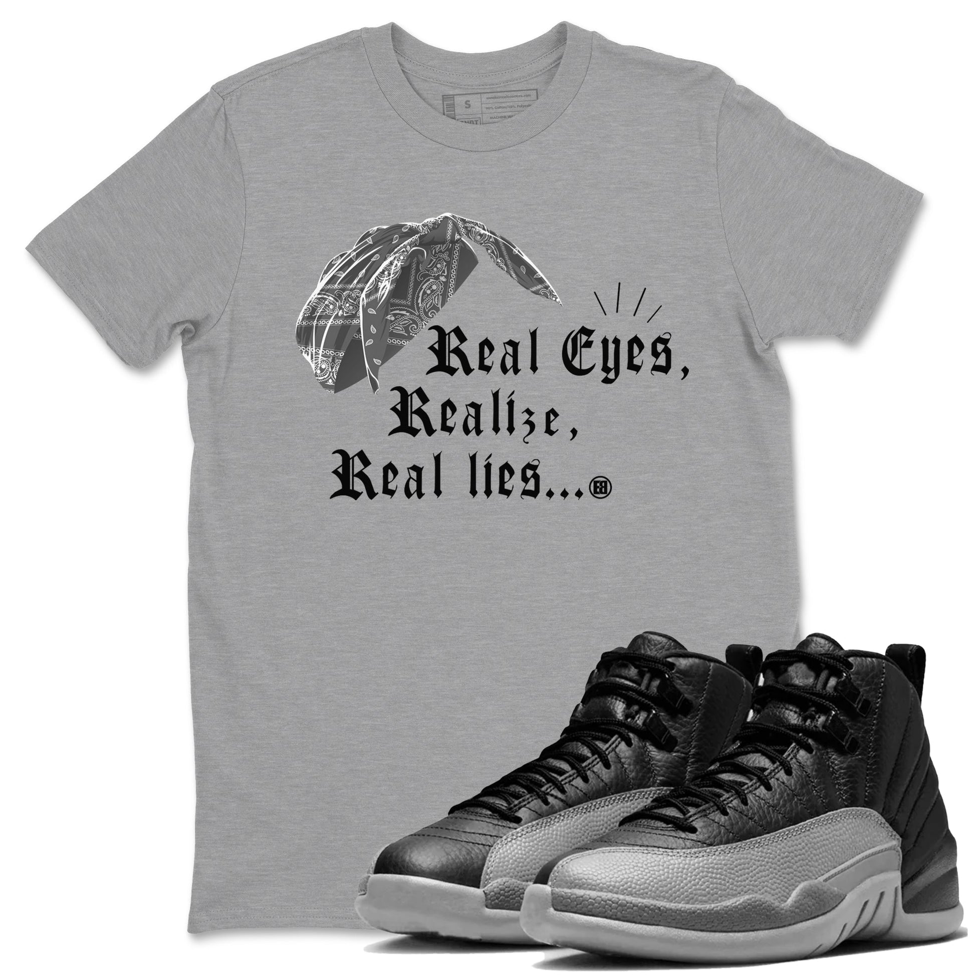 12s Black Wolf Grey shirts to match jordans Real Eyes Realize Real Lies sneaker match tees Air Jordan 12 Barons SNRT Sneaker Release Tees unisex cotton Heather Grey 1 crew neck shirts