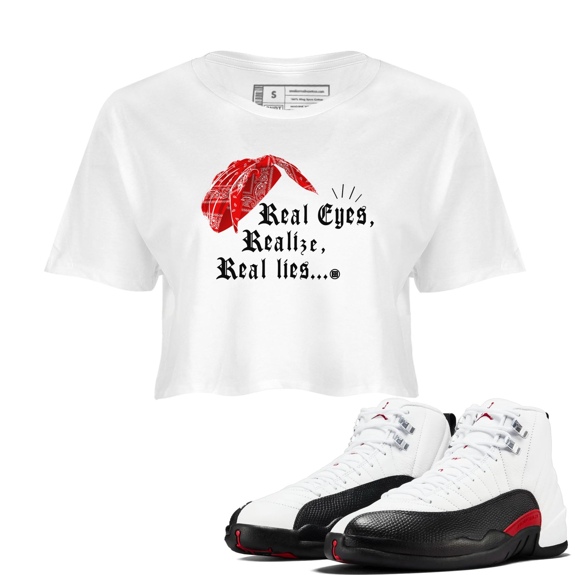 12s Taxi Flip shirt to match jordans Real Eyes Realize Real Lies sneaker tees Air Jordan 12 Taxi Flip SNRT Sneaker Release Tees White 1 crop length shirt