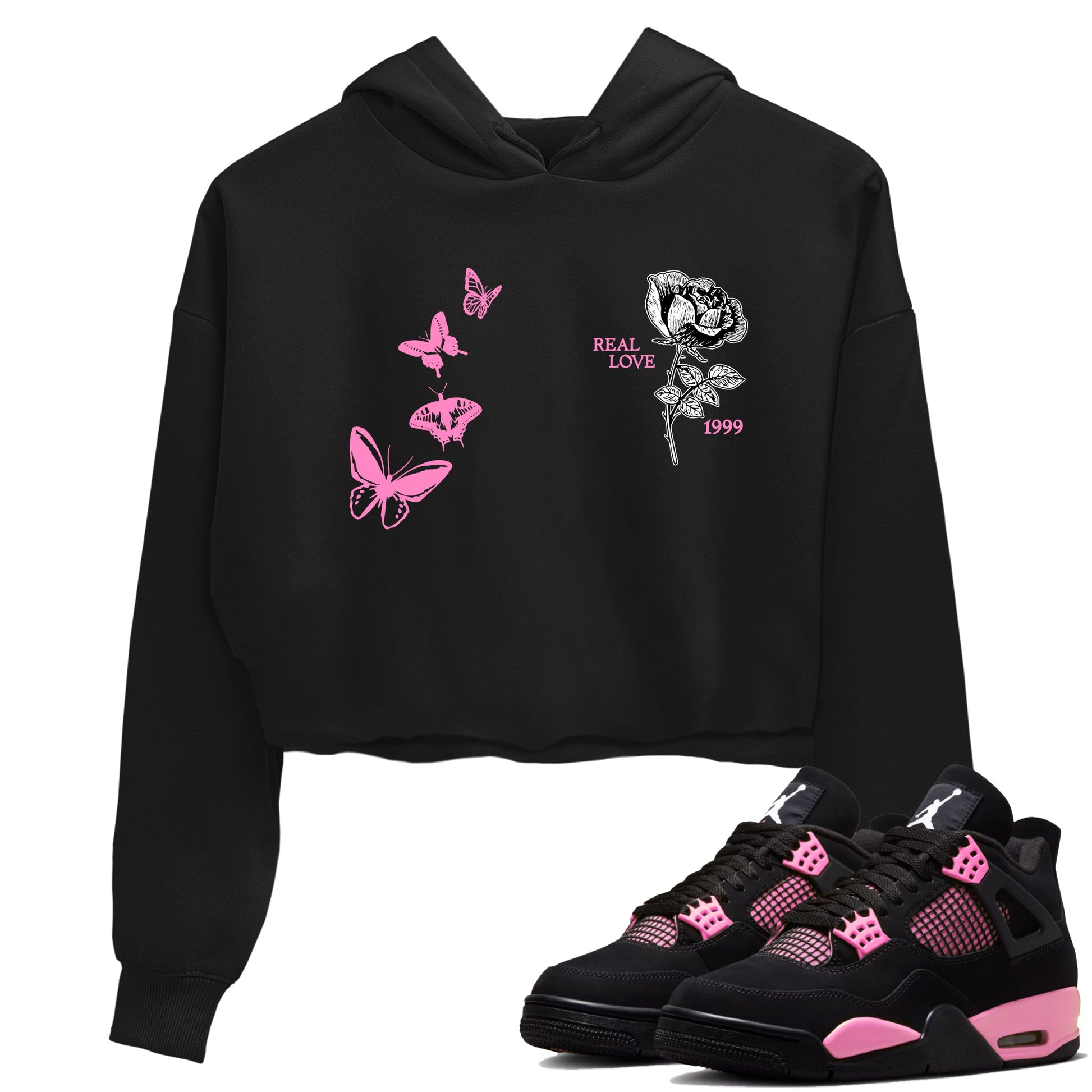 Sneaker match tees – Sneaker Tees To Match Air Jordan 4 Pink Thunder Shoes – Real Love Crop T-Shirt Black 1