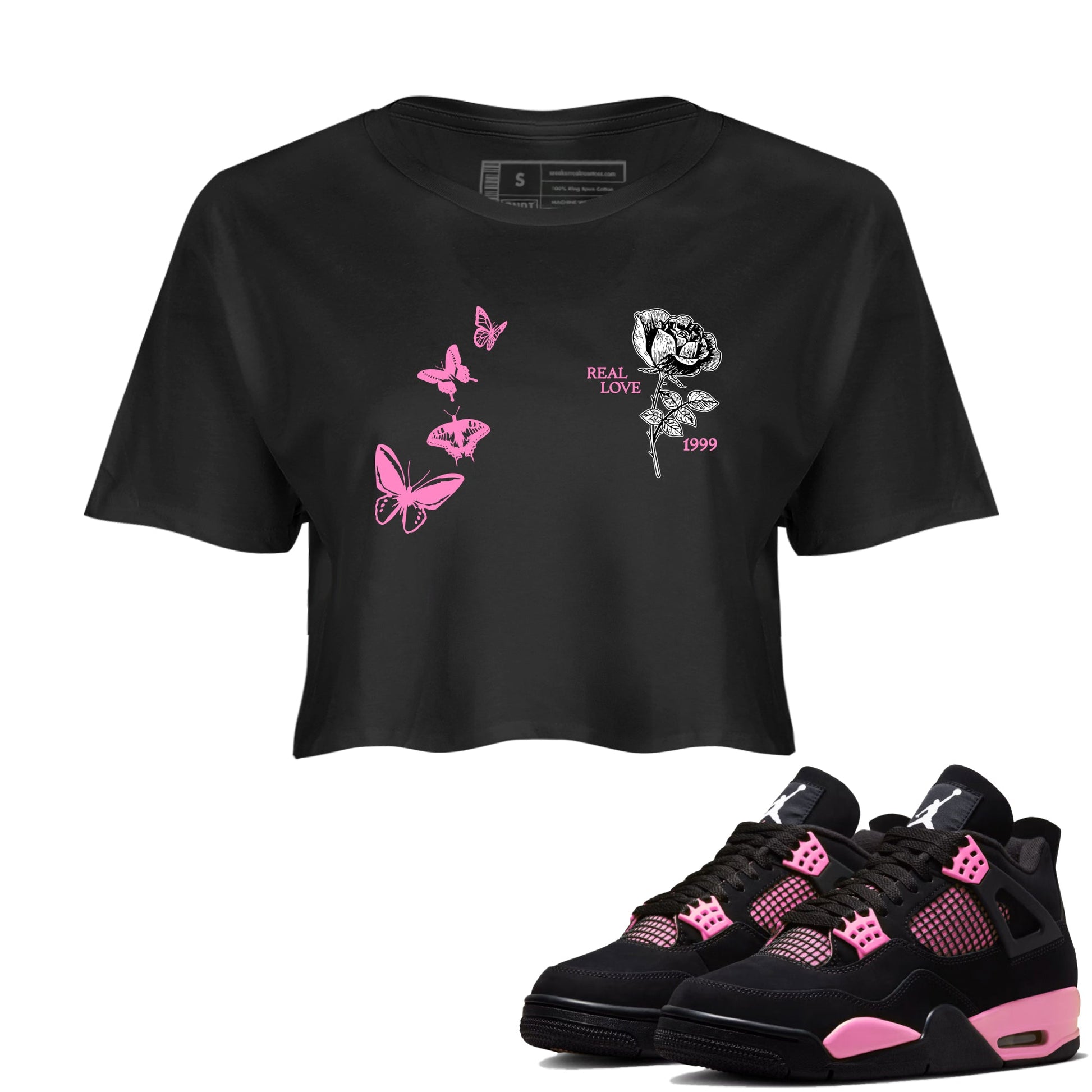 Sneaker match tees – Sneaker Tees To Match Air Jordan 4 Pink Thunder Shoes – Real Love Crop T-Shirt Black 1