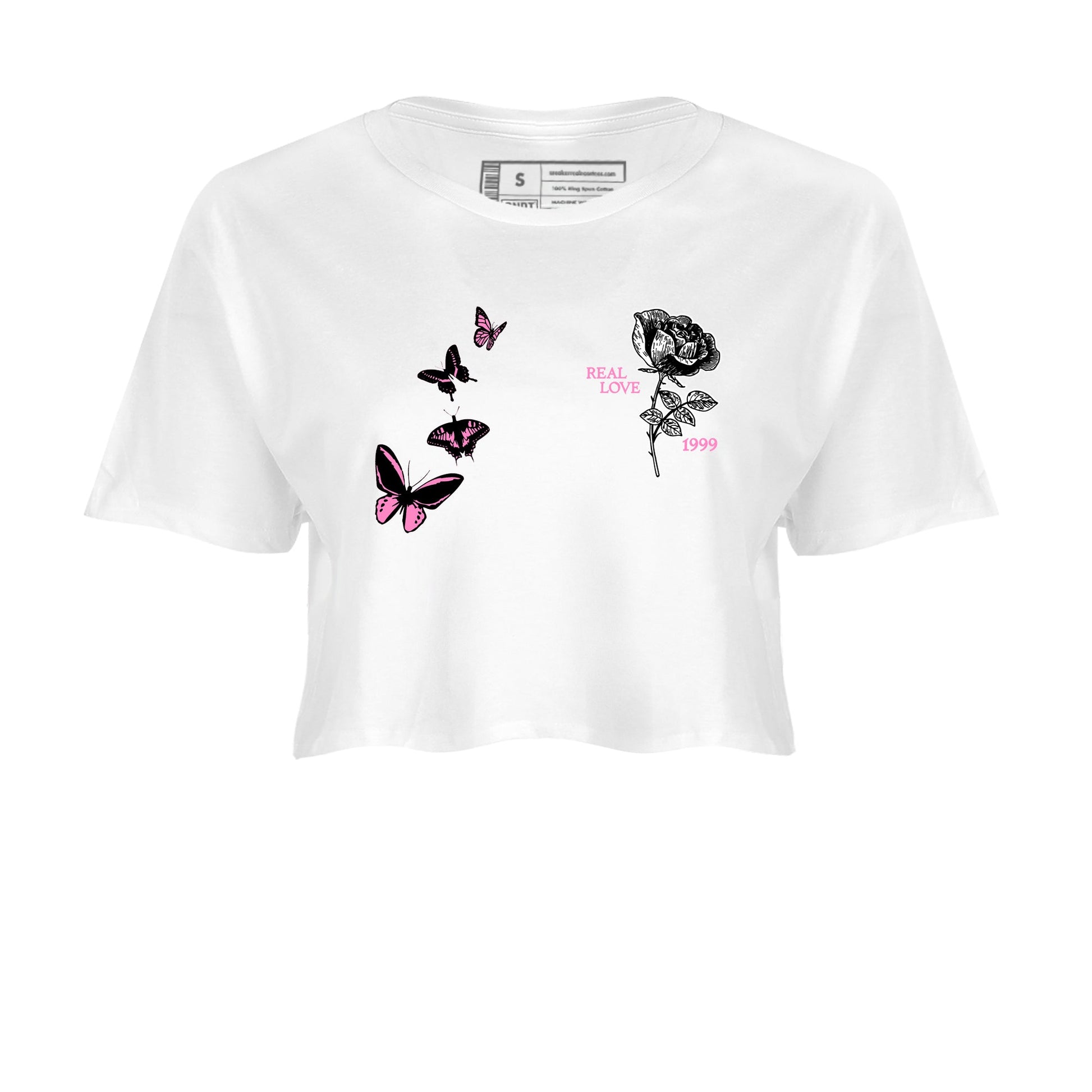 Sneaker match tees – Sneaker Tees To Match Air Jordan 4 Pink Thunder Shoes – Real Love Crop T-Shirt White 2