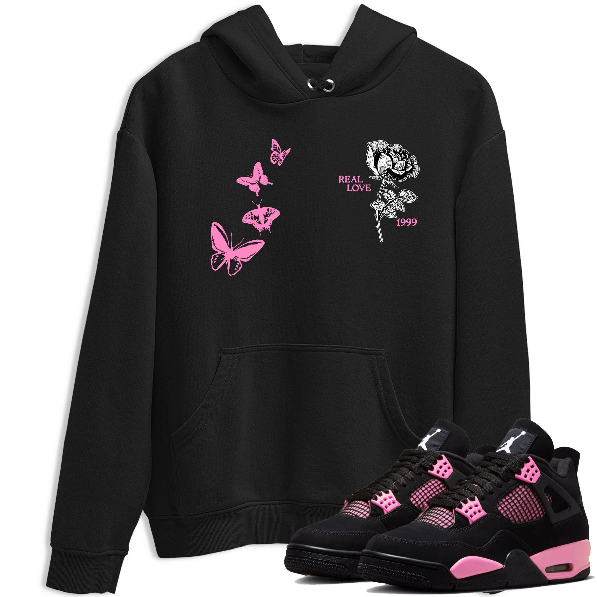 Sneaker match tees – Sneaker Tees To Match Air Jordan 4 Pink Thunder Shoes – Real Love Tee Black 1