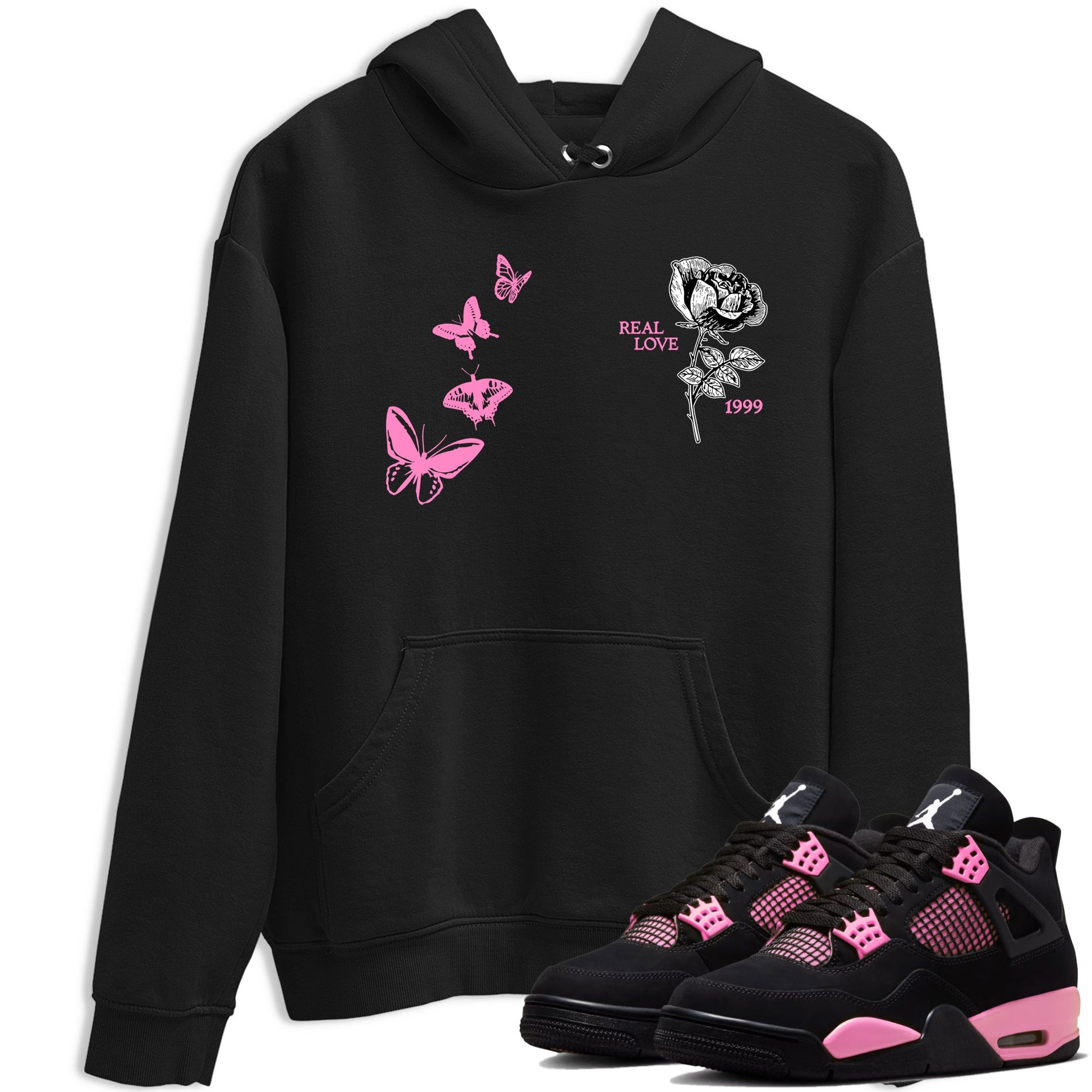 Sneaker match tees – Sneaker Tees To Match Air Jordan 4 Pink Thunder Shoes – Real Love Tee Black 1