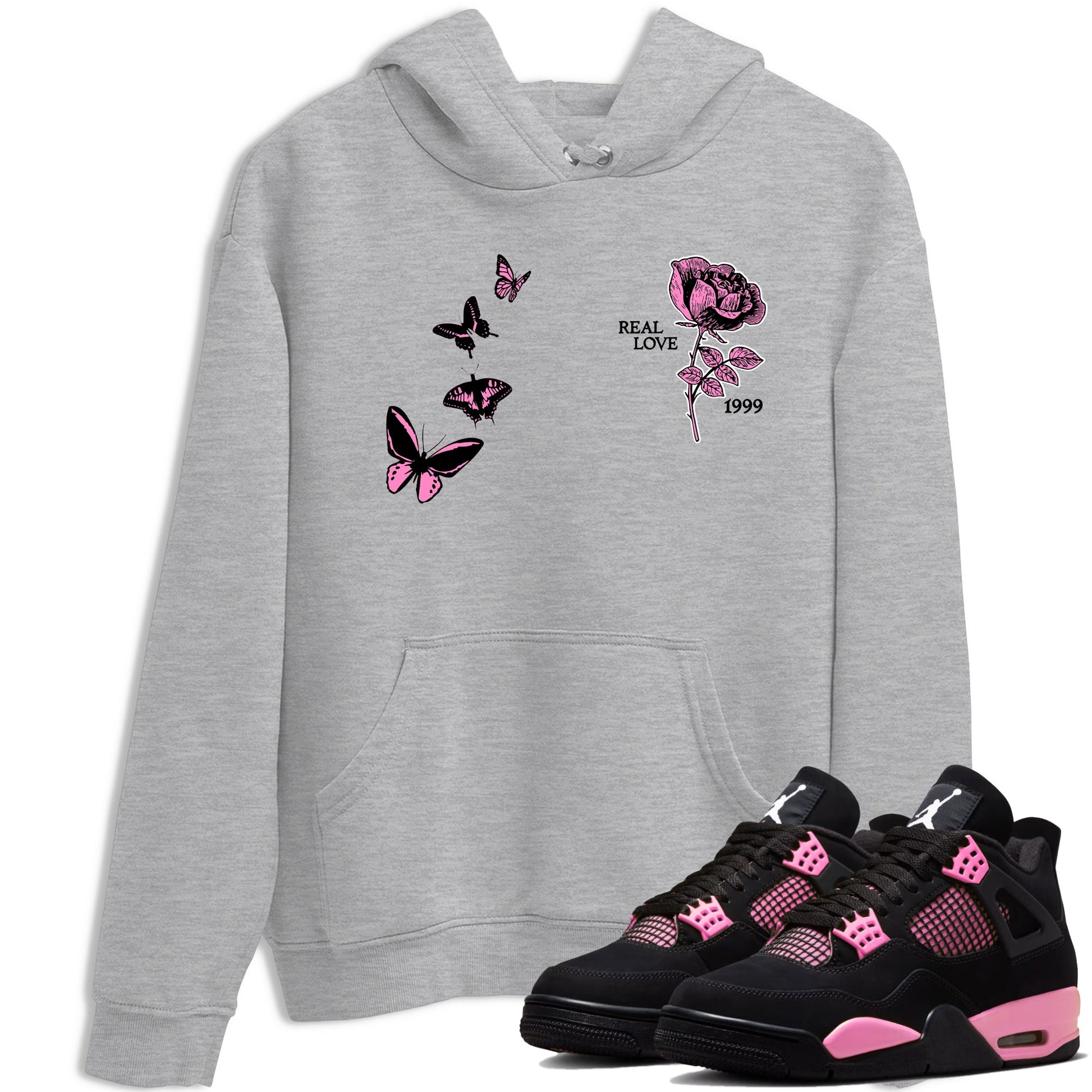 Sneaker match tees – Sneaker Tees To Match Air Jordan 4 Pink Thunder Shoes – Real Love Tee Heather Grey 1