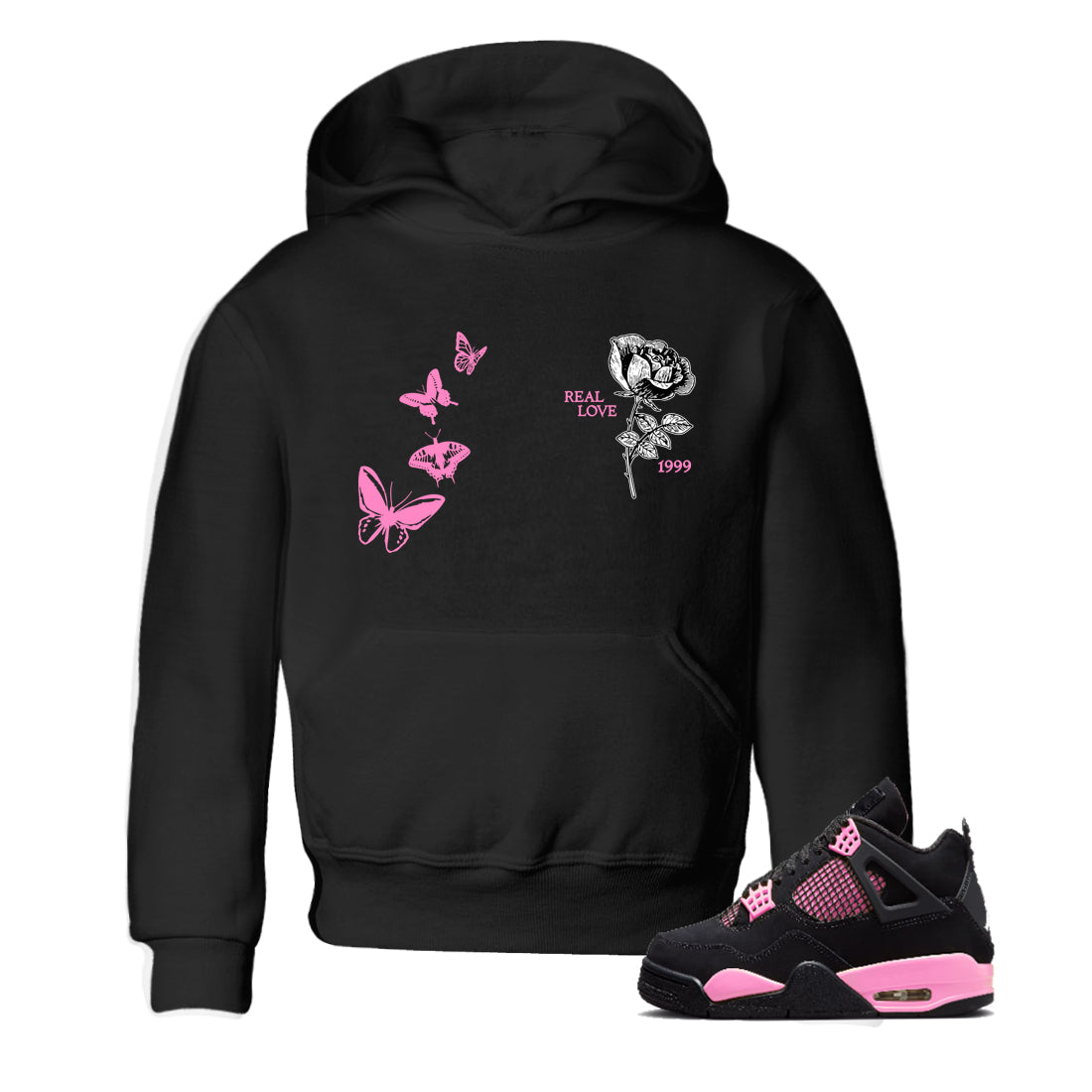 Sneaker match tees – Sneaker Tees To Match Air Jordan 4 Pink Thunder Shoes – Real Love Kids T-Shirt Black 1