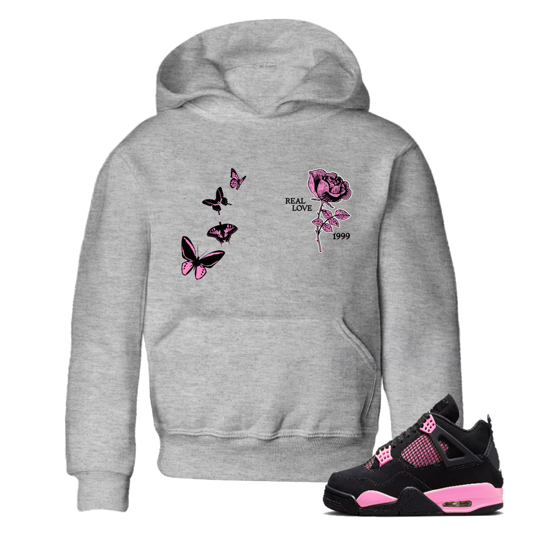 Sneaker match tees – Sneaker Tees To Match Air Jordan 4 Pink Thunder Shoes – Real Love Kids T-Shirt Heather Grey 1