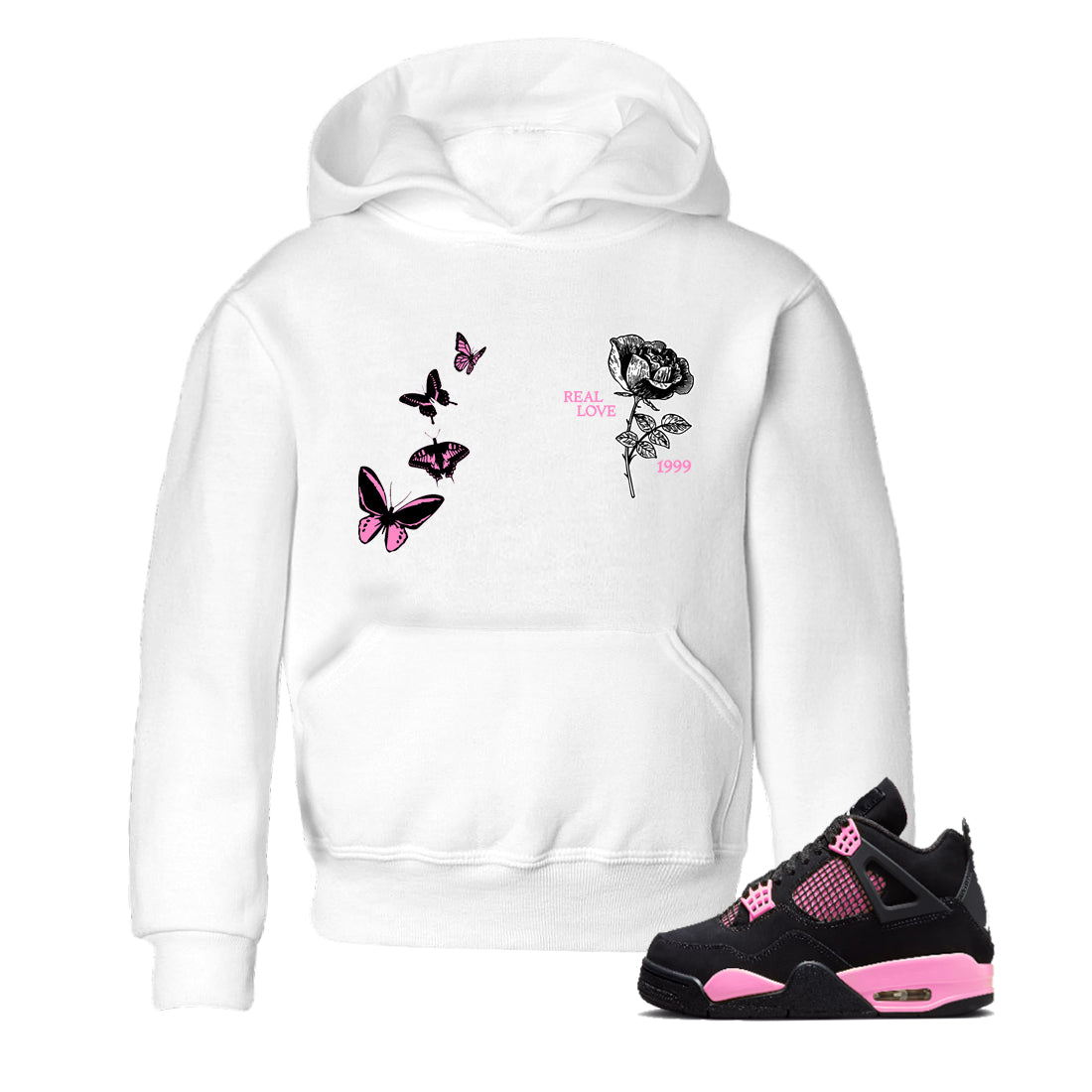 Sneaker match tees – Sneaker Tees To Match Air Jordan 4 Pink Thunder Shoes – Real Love Kids T-Shirt White 1