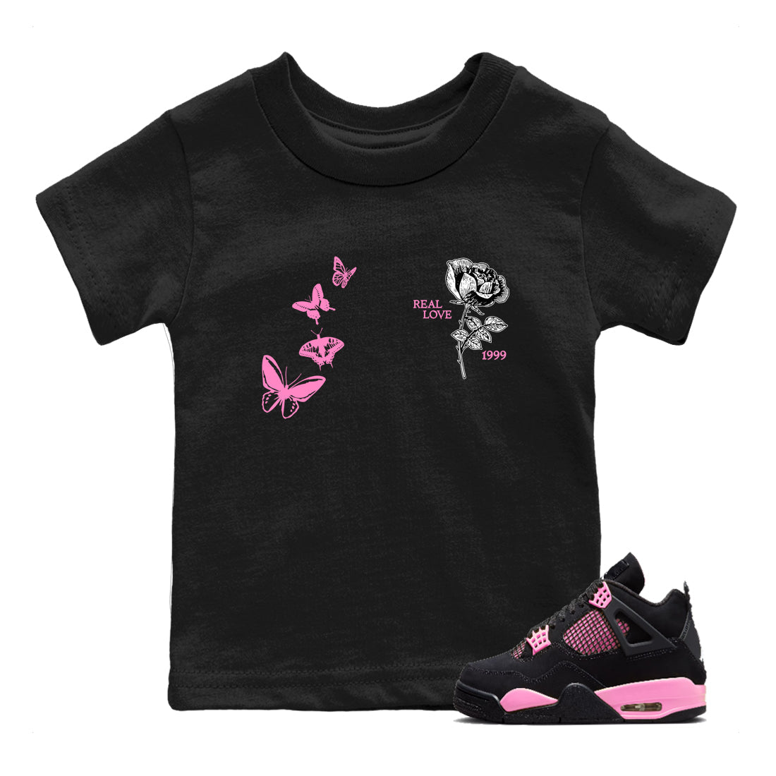 Sneaker match tees – Sneaker Tees To Match Air Jordan 4 Pink Thunder Shoes – Real Love Kids T-Shirt Black 1