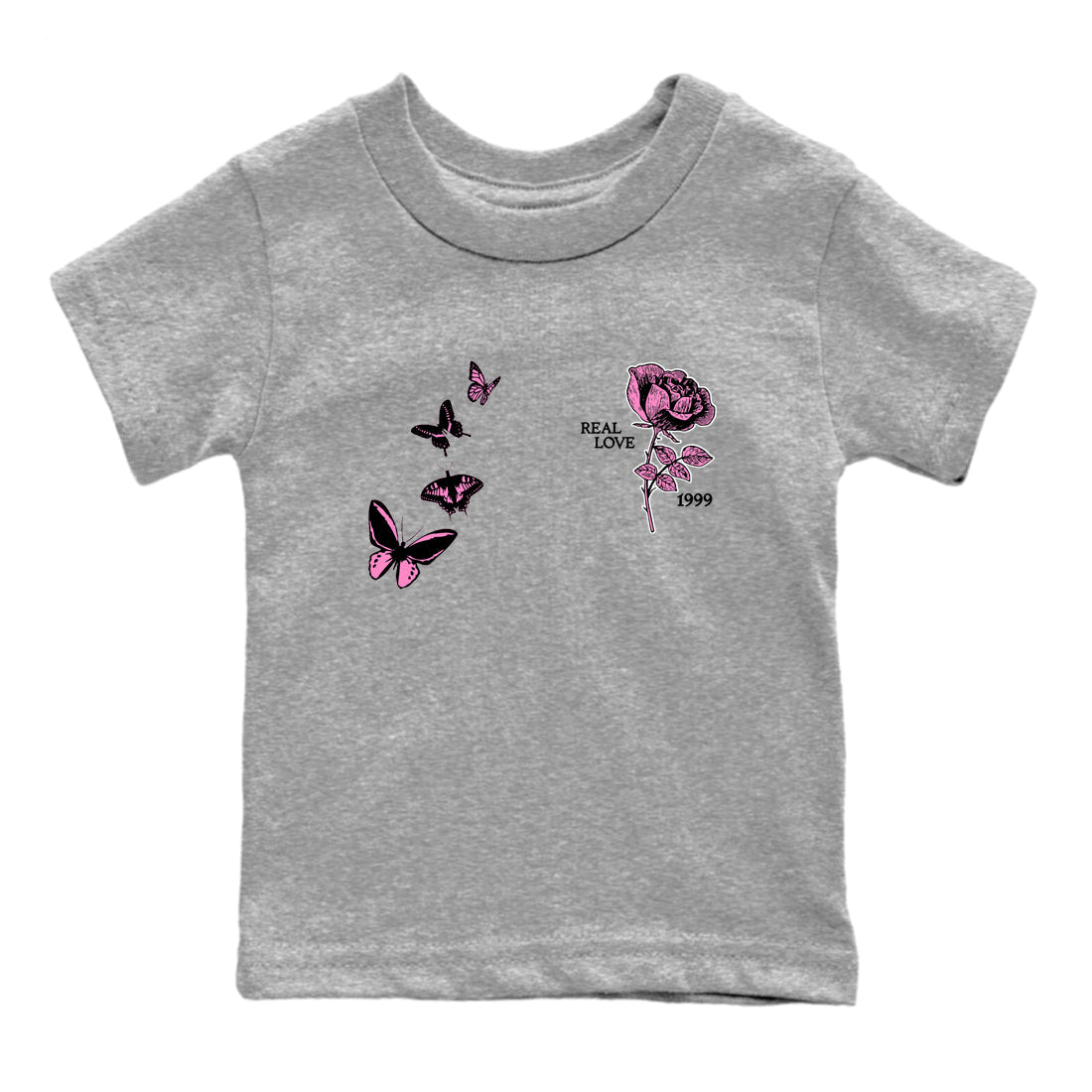 Sneaker match tees – Sneaker Tees To Match Air Jordan 4 Pink Thunder Shoes – Real Love Kids T-Shirt Heather Grey 2