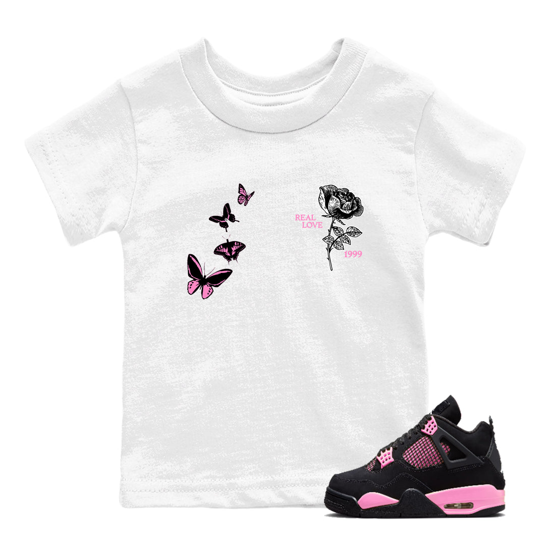 Sneaker match tees – Sneaker Tees To Match Air Jordan 4 Pink Thunder Shoes – Real Love Kids T-Shirt White 1