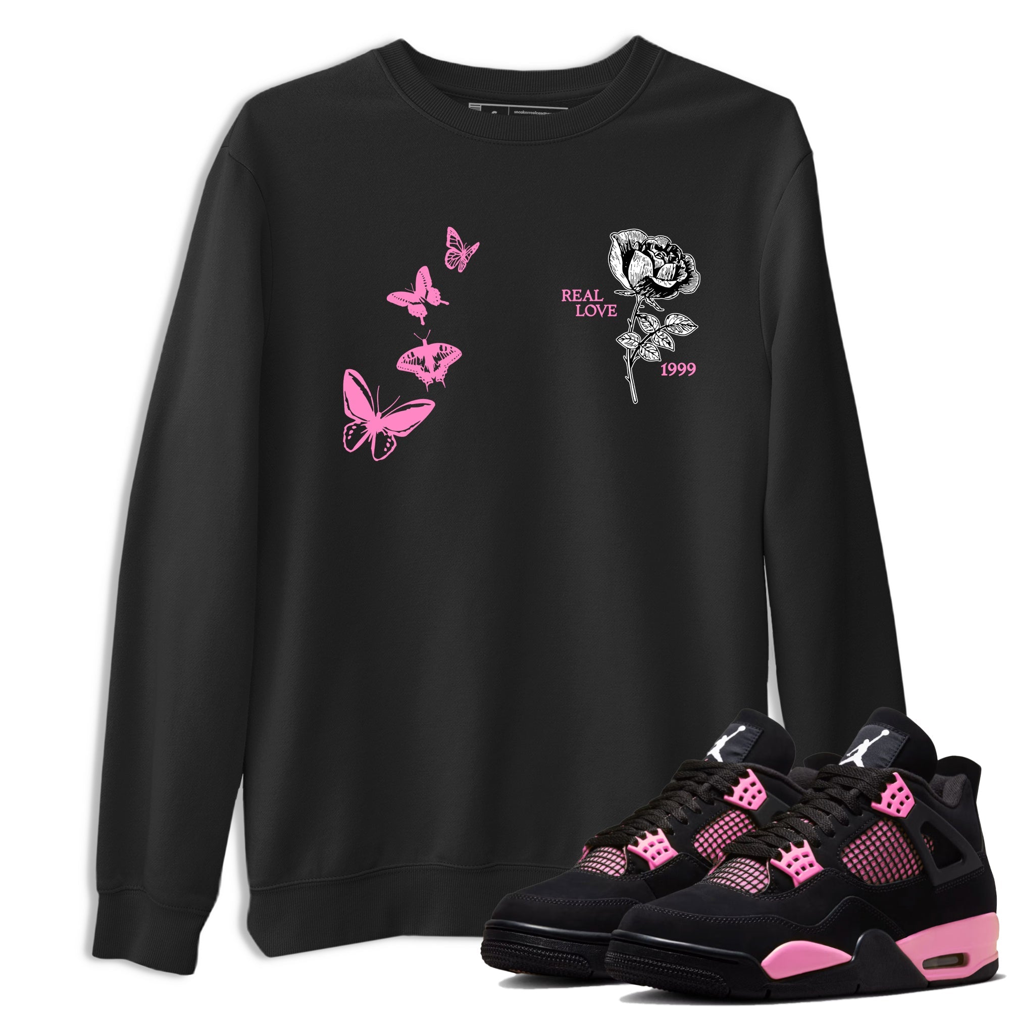 Sneaker match tees – Sneaker Tees To Match Air Jordan 4 Pink Thunder Shoes – Real Love Tee Black 1