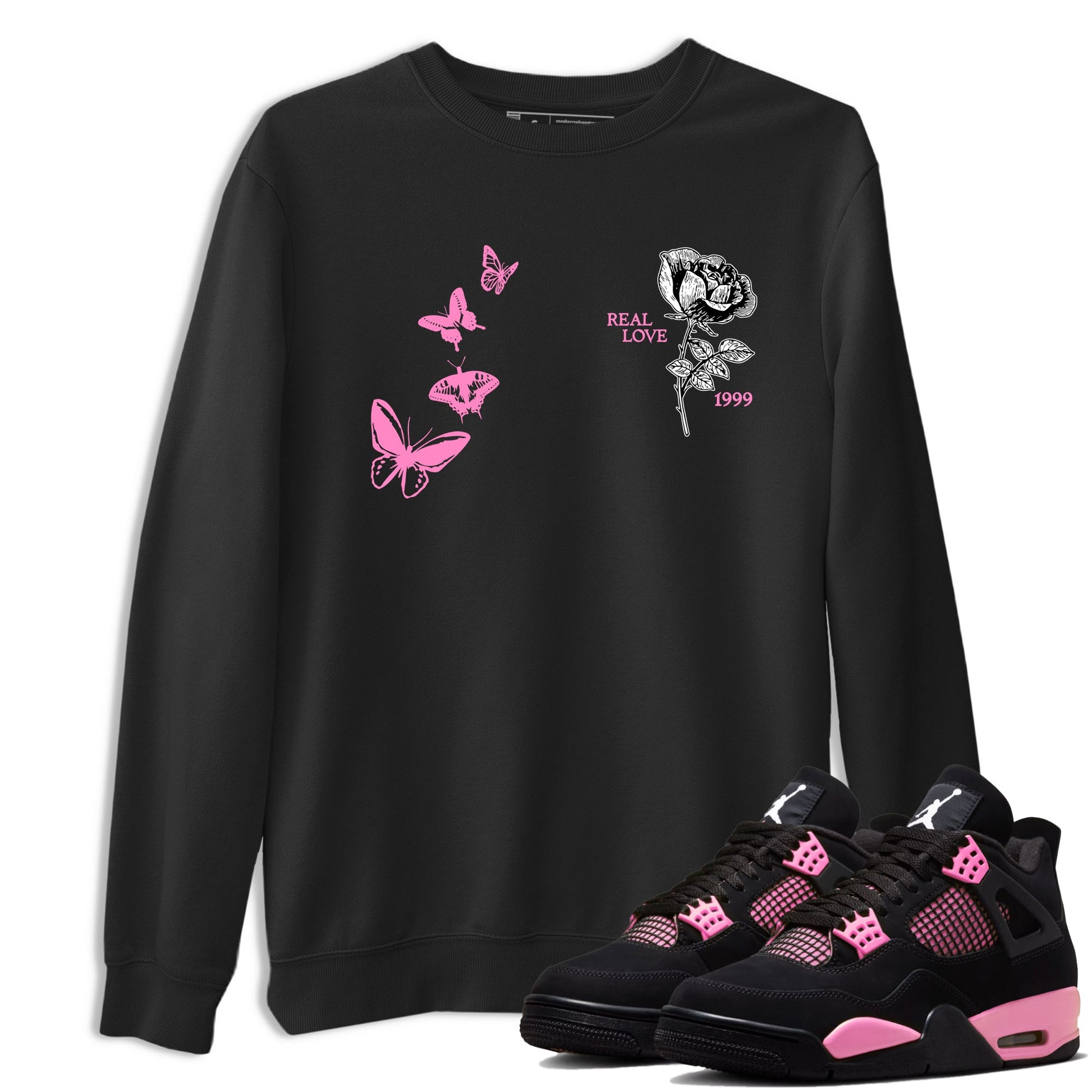 Sneaker match tees – Sneaker Tees To Match Air Jordan 4 Pink Thunder Shoes – Real Love Tee Black 1