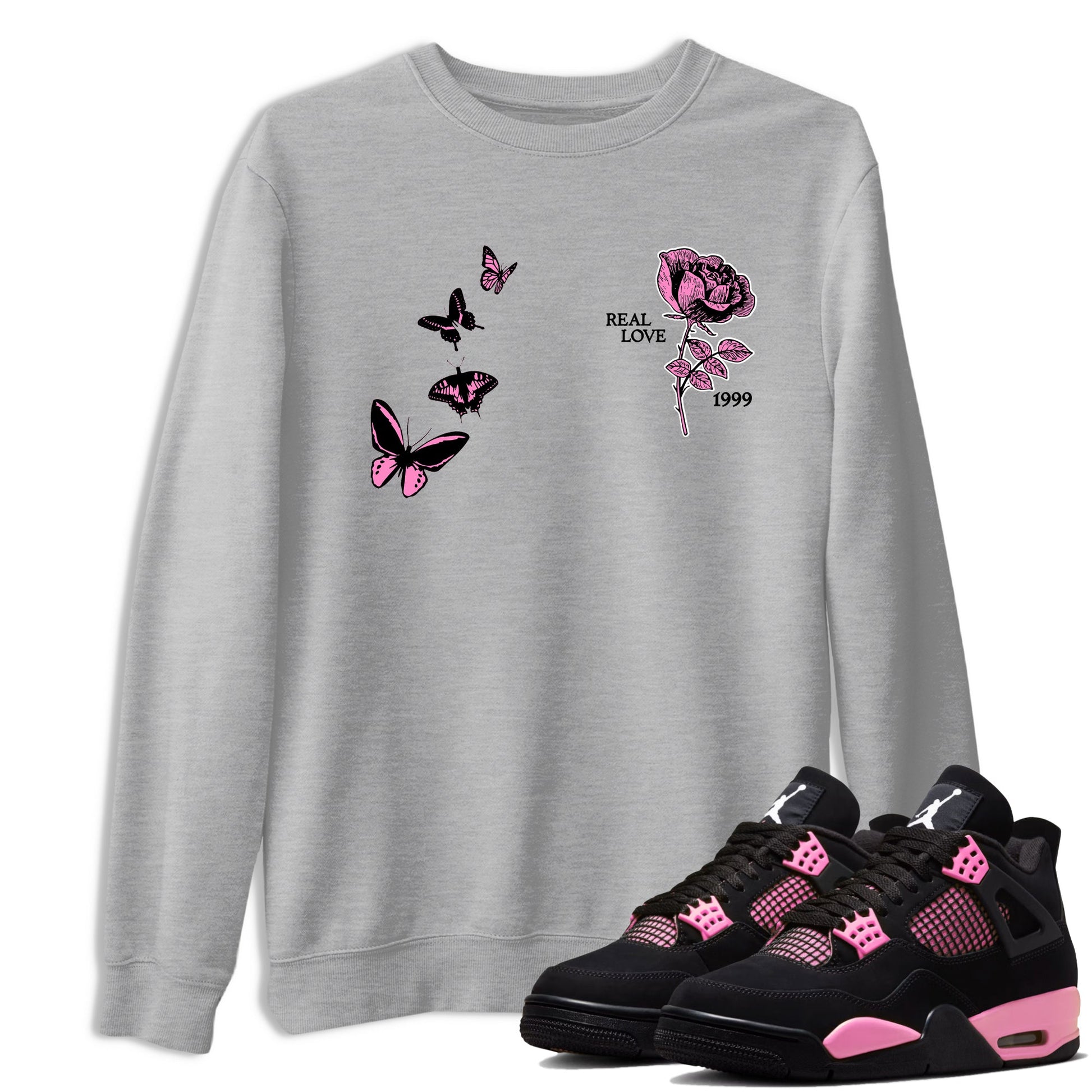 Sneaker match tees – Sneaker Tees To Match Air Jordan 4 Pink Thunder Shoes – Real Love Tee Heather Grey 1