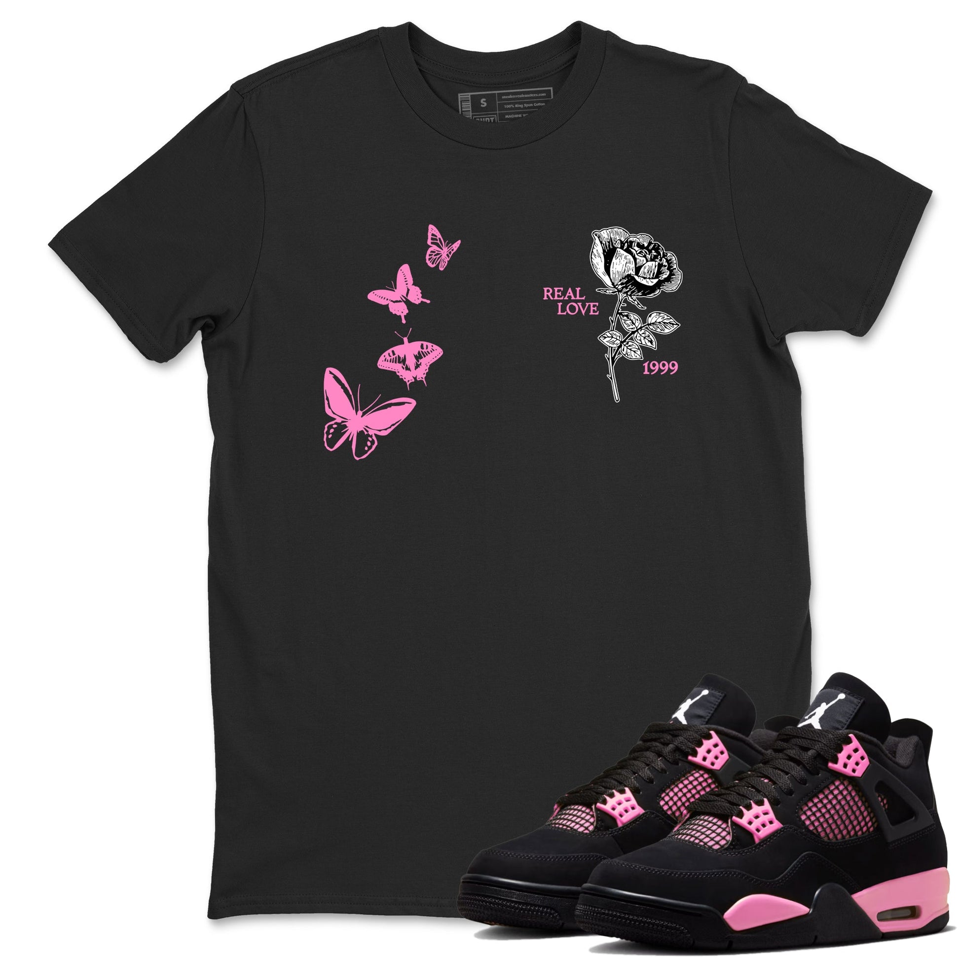 Sneaker match tees – Sneaker Tees To Match Air Jordan 4 Pink Thunder Shoes – Real Love Tee Black 1