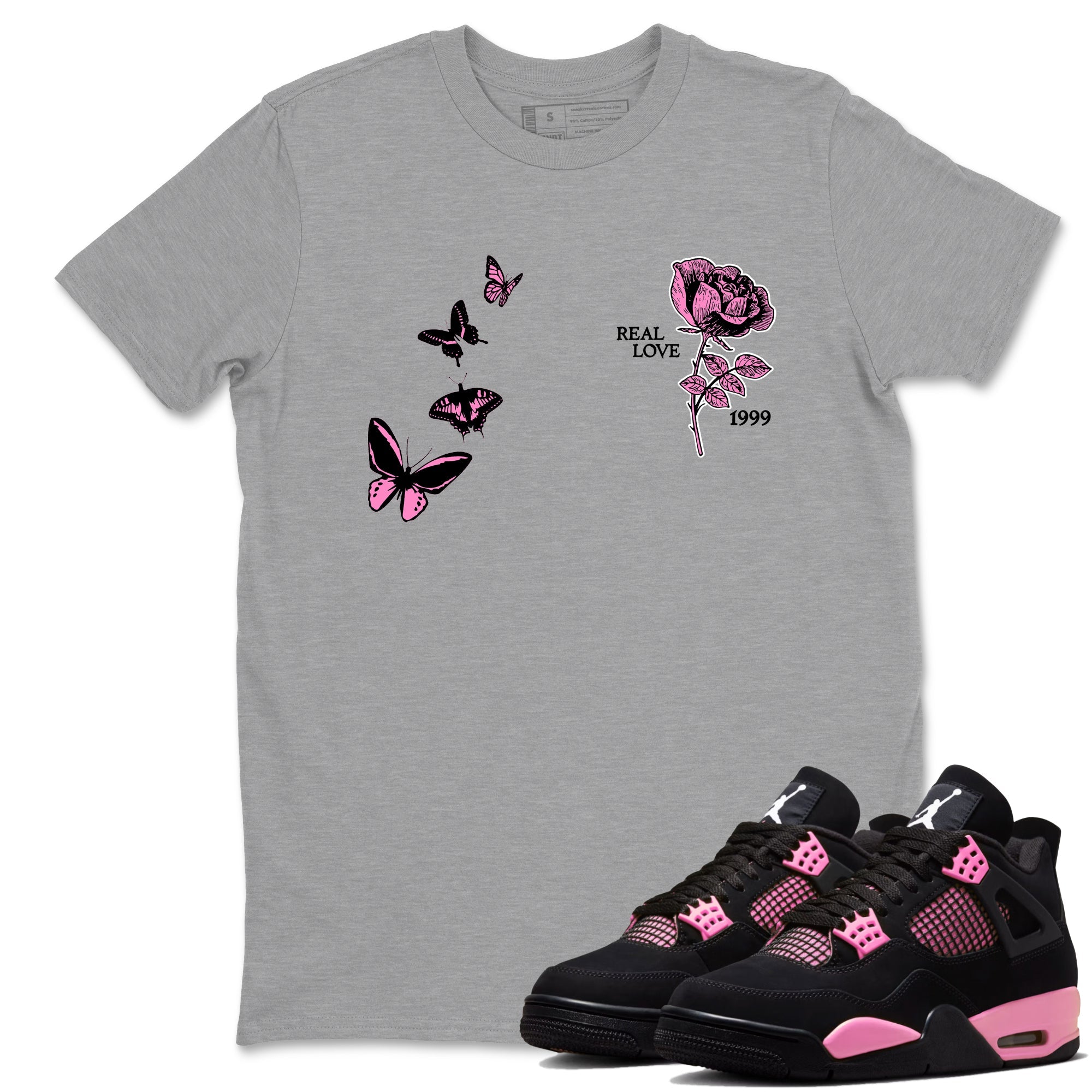 Sneaker match tees – Sneaker Tees To Match Air Jordan 4 Pink Thunder Shoes – Real Love Tee Heather Grey 1