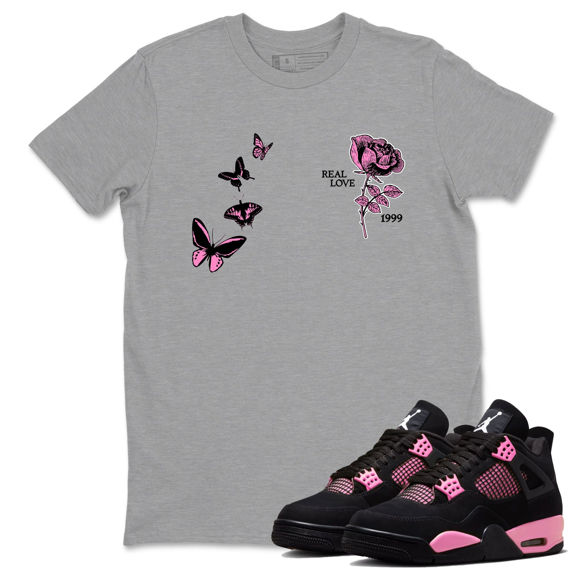 Sneaker match tees – Sneaker Tees To Match Air Jordan 4 Pink Thunder Shoes – Real Love Tee Heather Grey 1