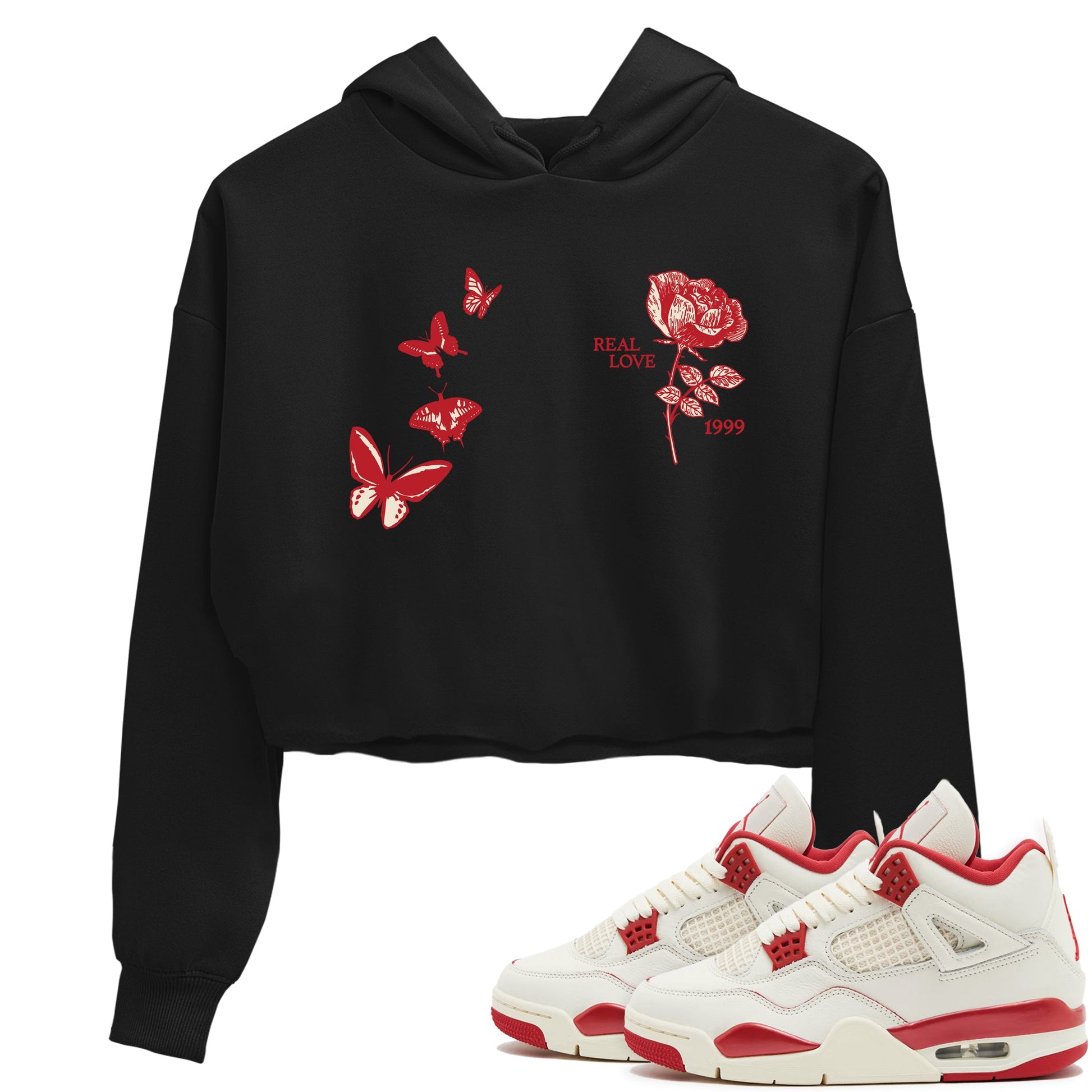 Sneaker match tees – Sneaker Tees To Match Air Jordan 4 Valentines Day Shoes – Real Love Crop T-Shirt Black 1