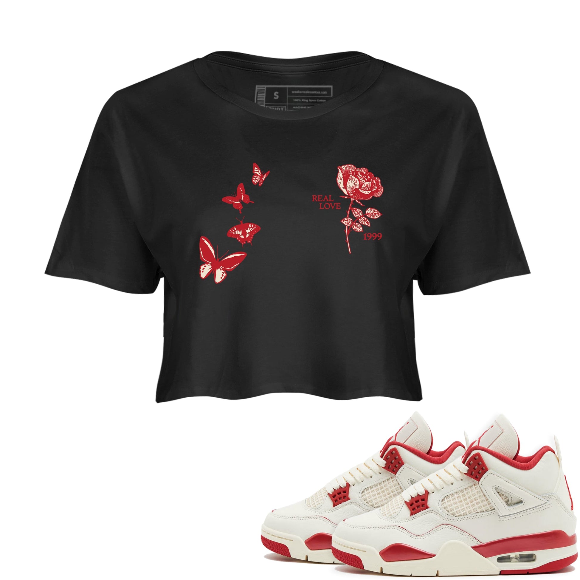 Sneaker match tees – Sneaker Tees To Match Air Jordan 4 Valentines Day Shoes – Real Love Crop T-Shirt Black 1