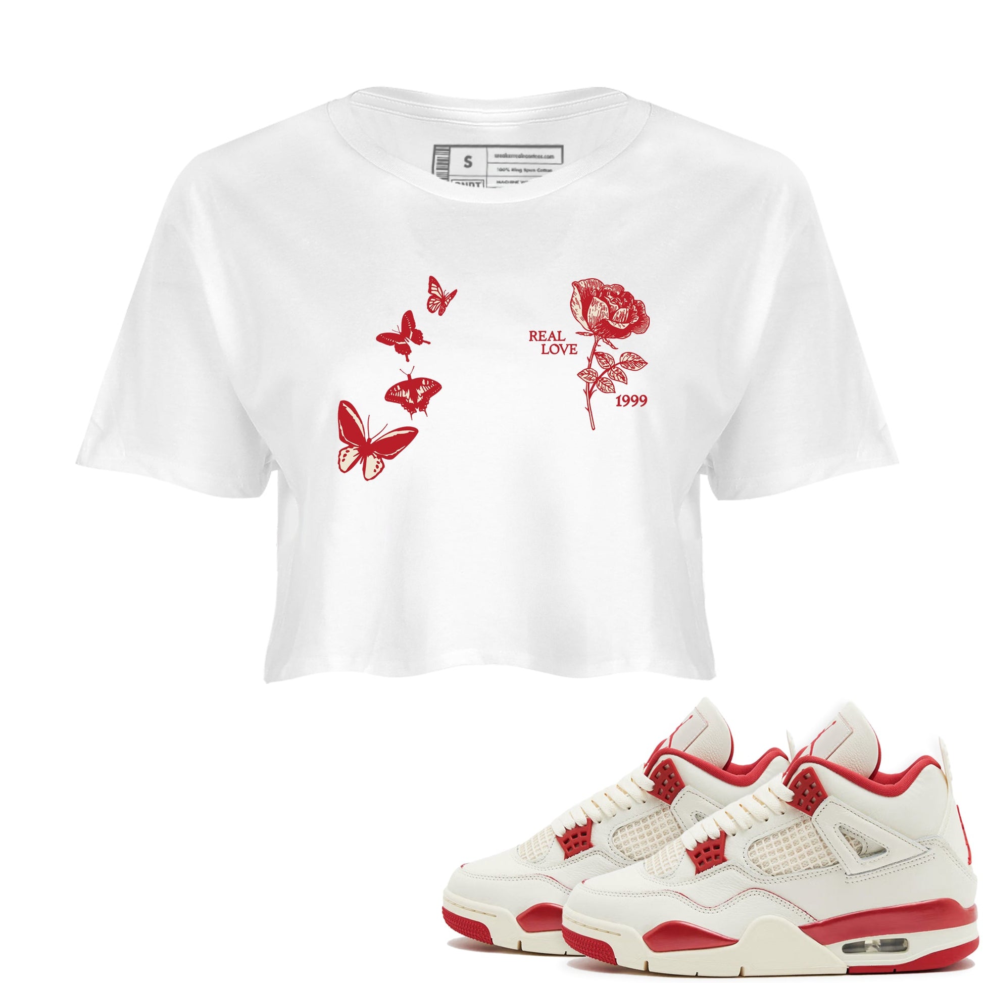 Sneaker match tees – Sneaker Tees To Match Air Jordan 4 Valentines Day Shoes – Real Love Crop T-Shirt White 1