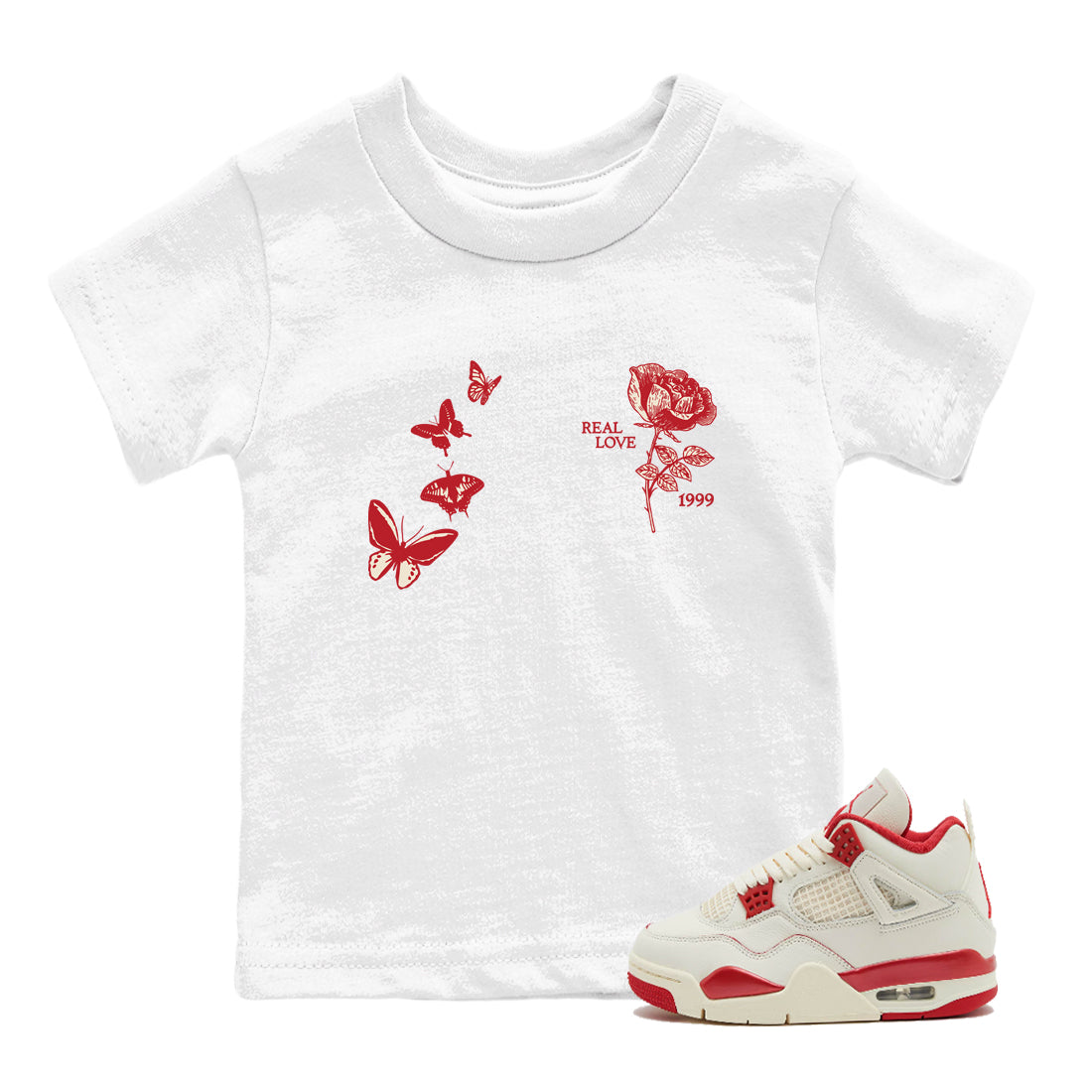 Sneaker match tees – Sneaker Tees To Match Air Jordan 4 Valentines Day Shoes – Real Love Kids T-Shirt White 1