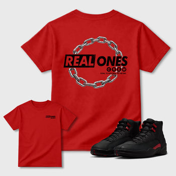Real Ones Crew sneaker match t-shirt styled to complete your fit with the 12s Bloodline, shown in Red.