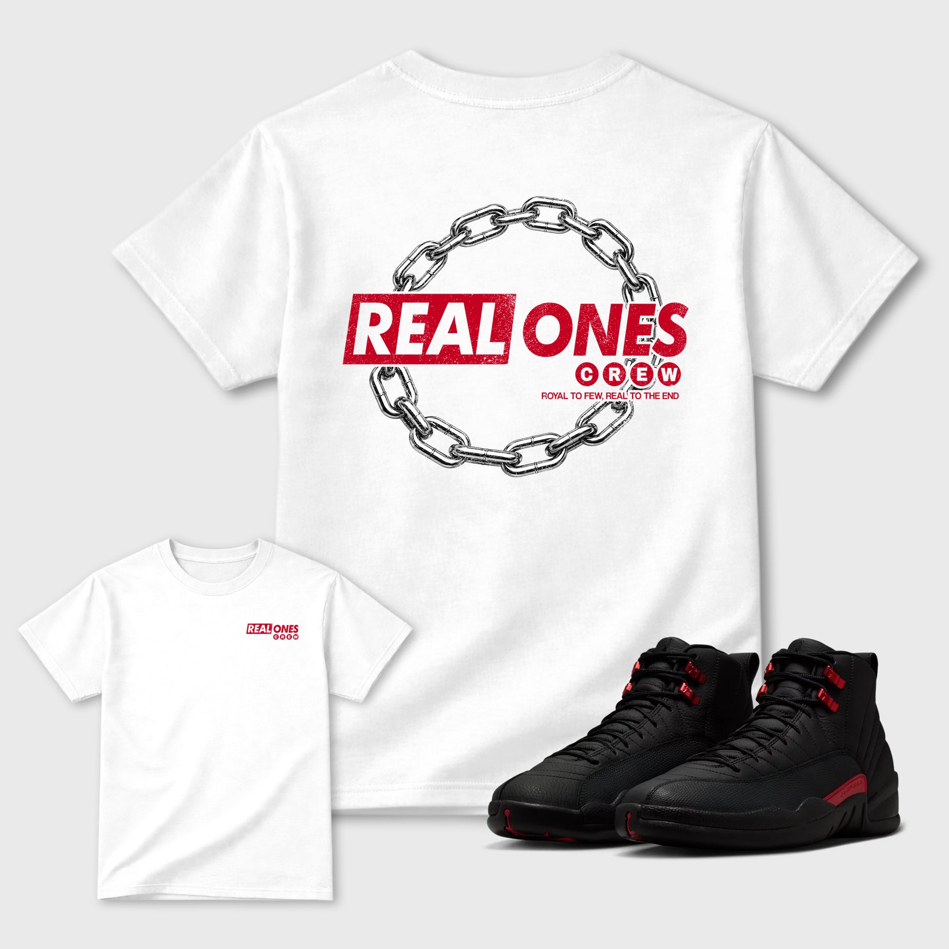 Real Ones Crew sneaker match t-shirt styled to complete your fit with the 12s Bloodline, shown in White.