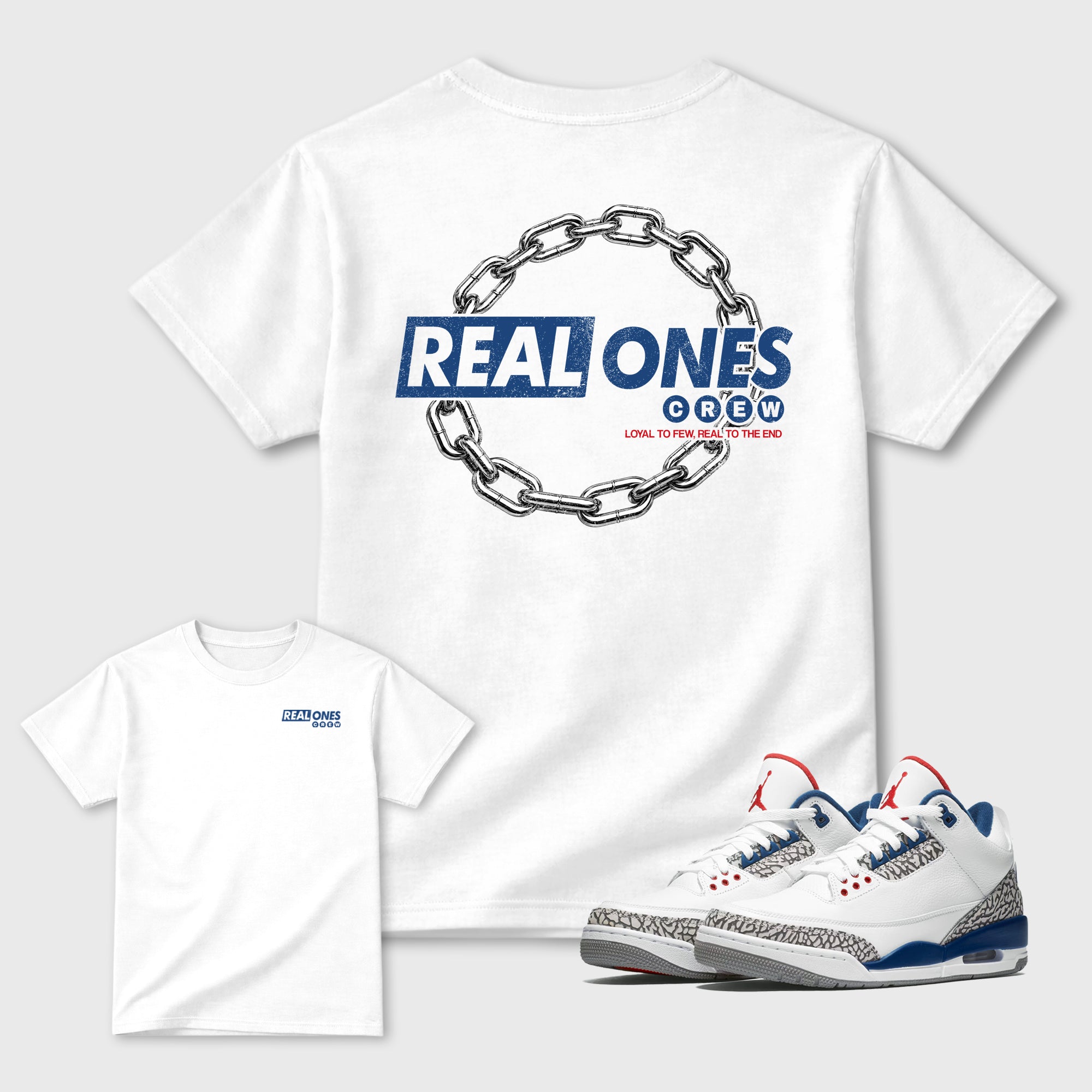 Real Ones Crew Graphic T-Shirt featuring original streetwear artwork designed to match the Air Jordan 3 True Blue. White Graphic T-Shirt.