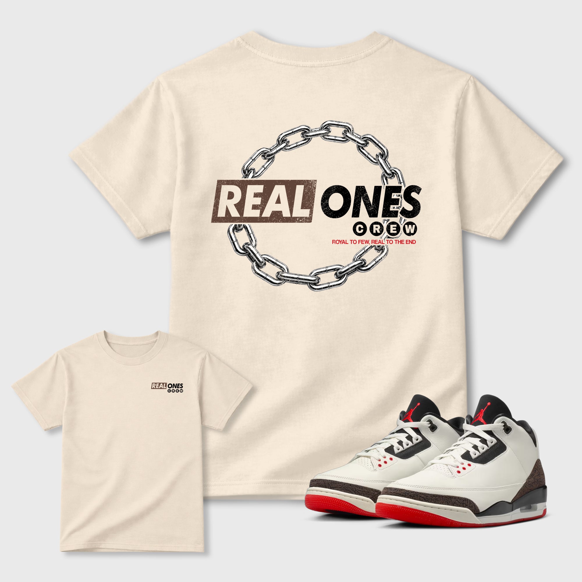 Real Ones Crew sneaker match t-shirt styled to complete your fit with the Air Jordan 3 World's Best Dad sneakers, shown in Natural.